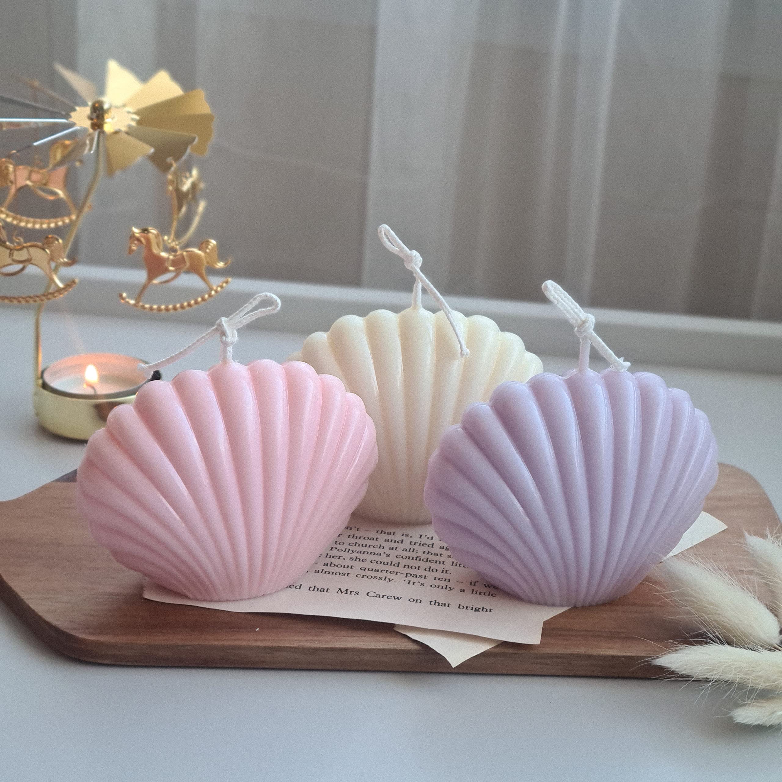 THE UMBRELLA STORE 3-Pack Sea Shell Candles - Unscented 100% Soy Wax in Pink, White & Lavender - Perfect for Beach Weddings, Spa Decor & Coastal Home Decor