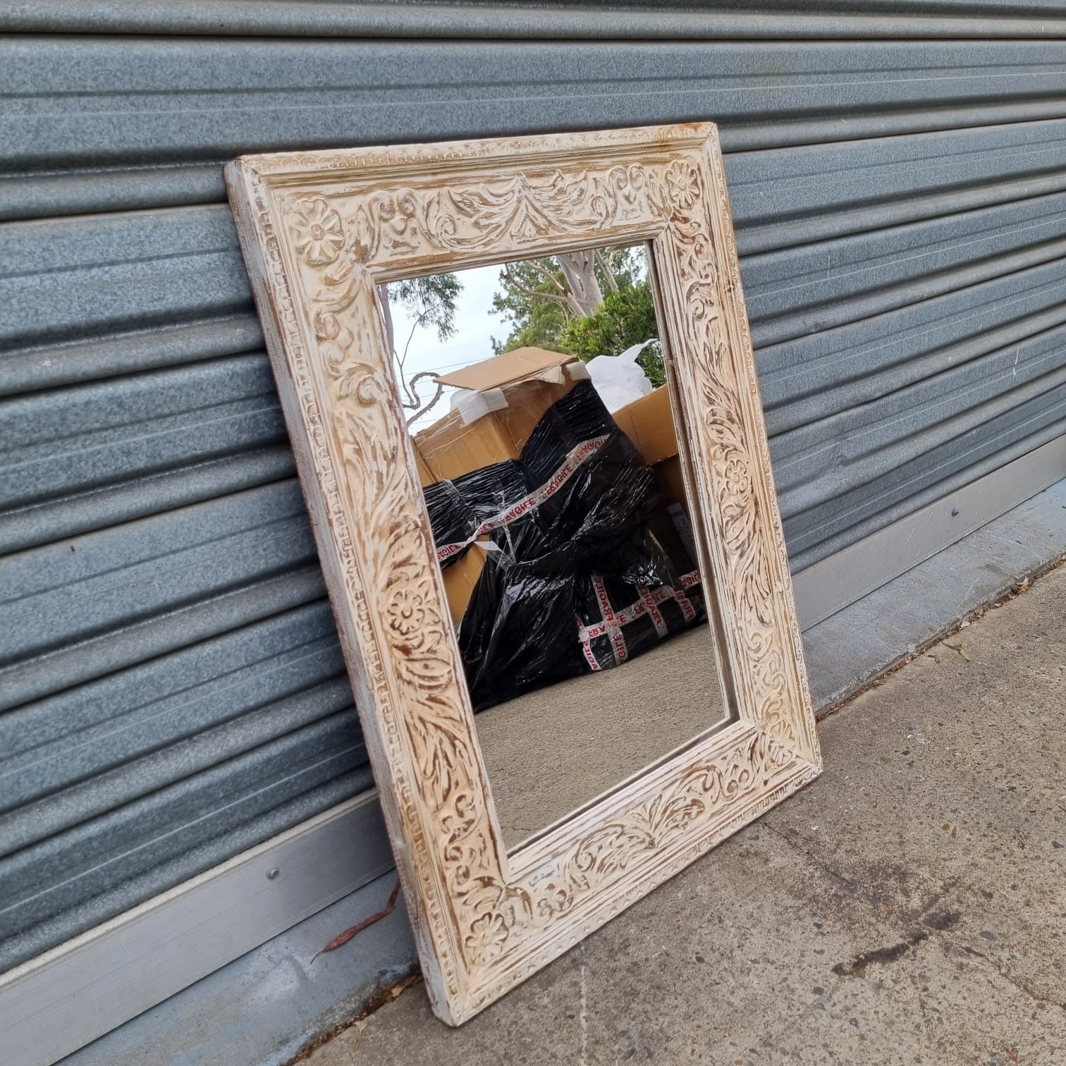 Handmade Floral Carved Solid Wood Mirror Frame - Rustic White Indian Furniture Decor for Bedroom, Living Room & Entryway