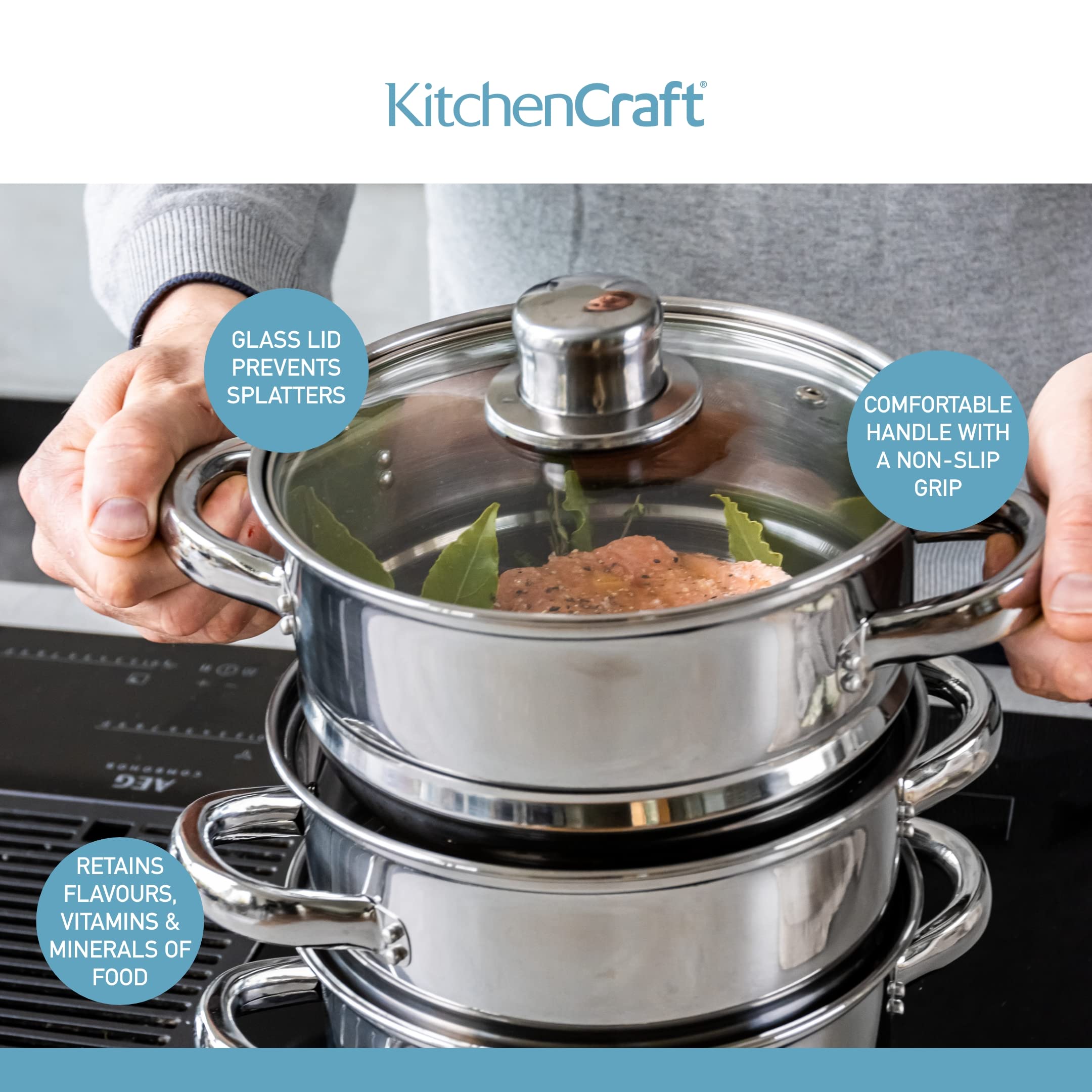 KitchenCraft 3-Tier Stainless Steel Food Steamer & Stock Pot (18cm) - Induction Safe, Includes Gift Box - Perfect for Healthy Cooking, Meal Prep & Family Dinners