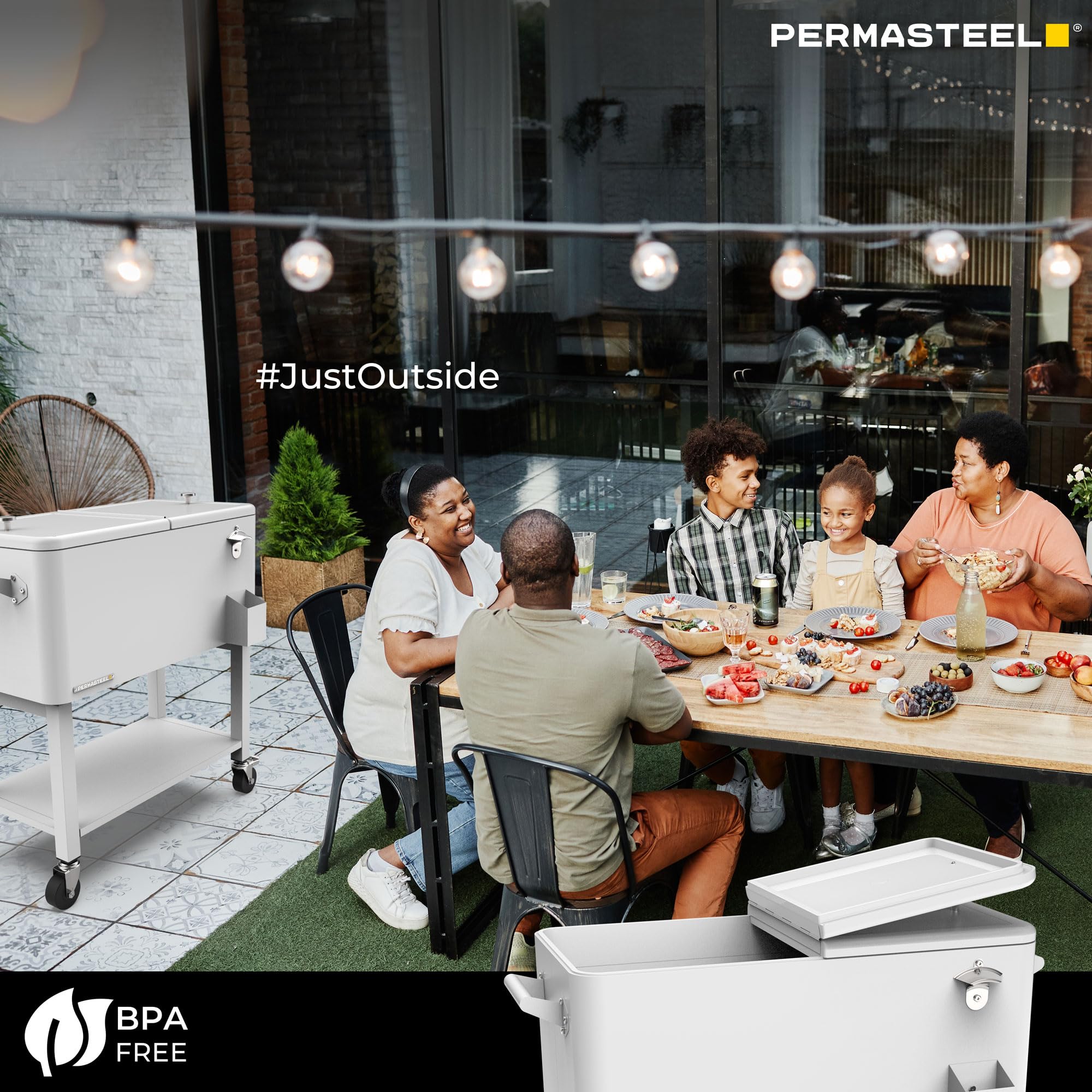 Permasteel 80-Quart Outdoor Rolling Cooler Cart with Removable Basin - Portable Beverage Cooler with Wheels & Handles for Patio, Backyard, Camping & Tailgating - White