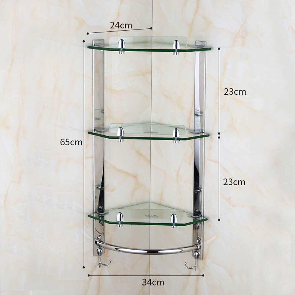 3-Tier Wall Mounted Bathroom Glass Shelf Organizer - Stainless Steel Shower Caddy with Towel Bar & 4 Hooks - Tempered Glass Corner Storage for Bathroom, Shower, Kitchen - Perfect for Small Space Organization