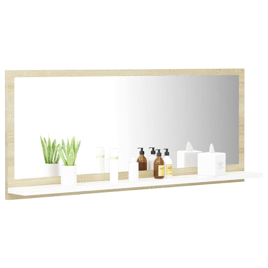 Modern Rectangle Wall Mirror - White & Sonoma Oak Bathroom Vanity Mirror 35.4x14.6 Inches - Chipboard Framed Wall-Mounted Mirror for Bathroom, Bedroom & Entryway Decor
