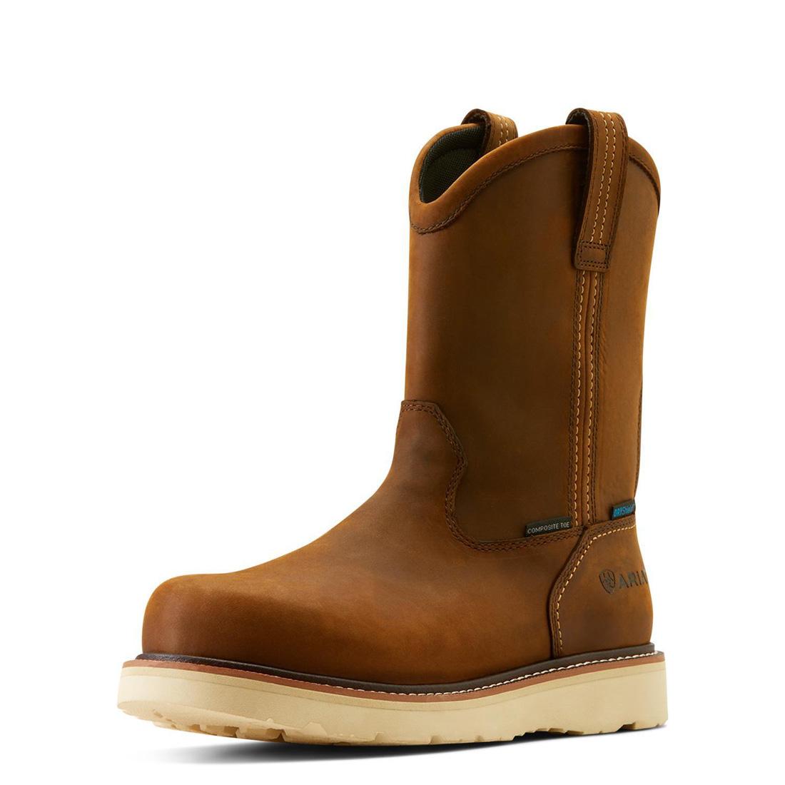 Rebar Composite Toe Waterproof Pull-On Wedge Work Boots - Distressed Brown for Construction, Landscaping & Outdoor Work
