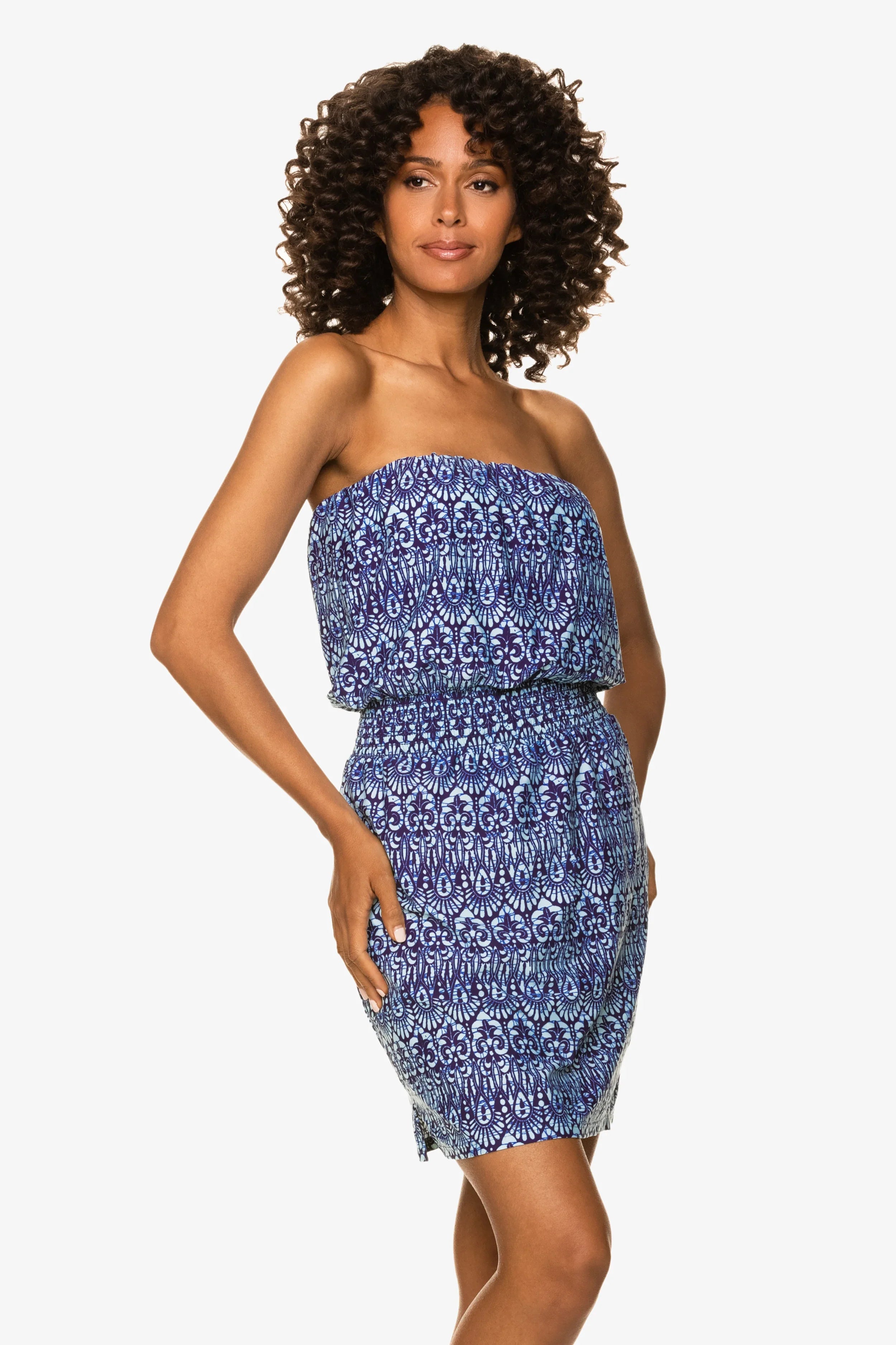 Short Jolie Dress | Island Batik Navy Blue Floral Print | Perfect for Summer Beach Vacations & Casual Outings