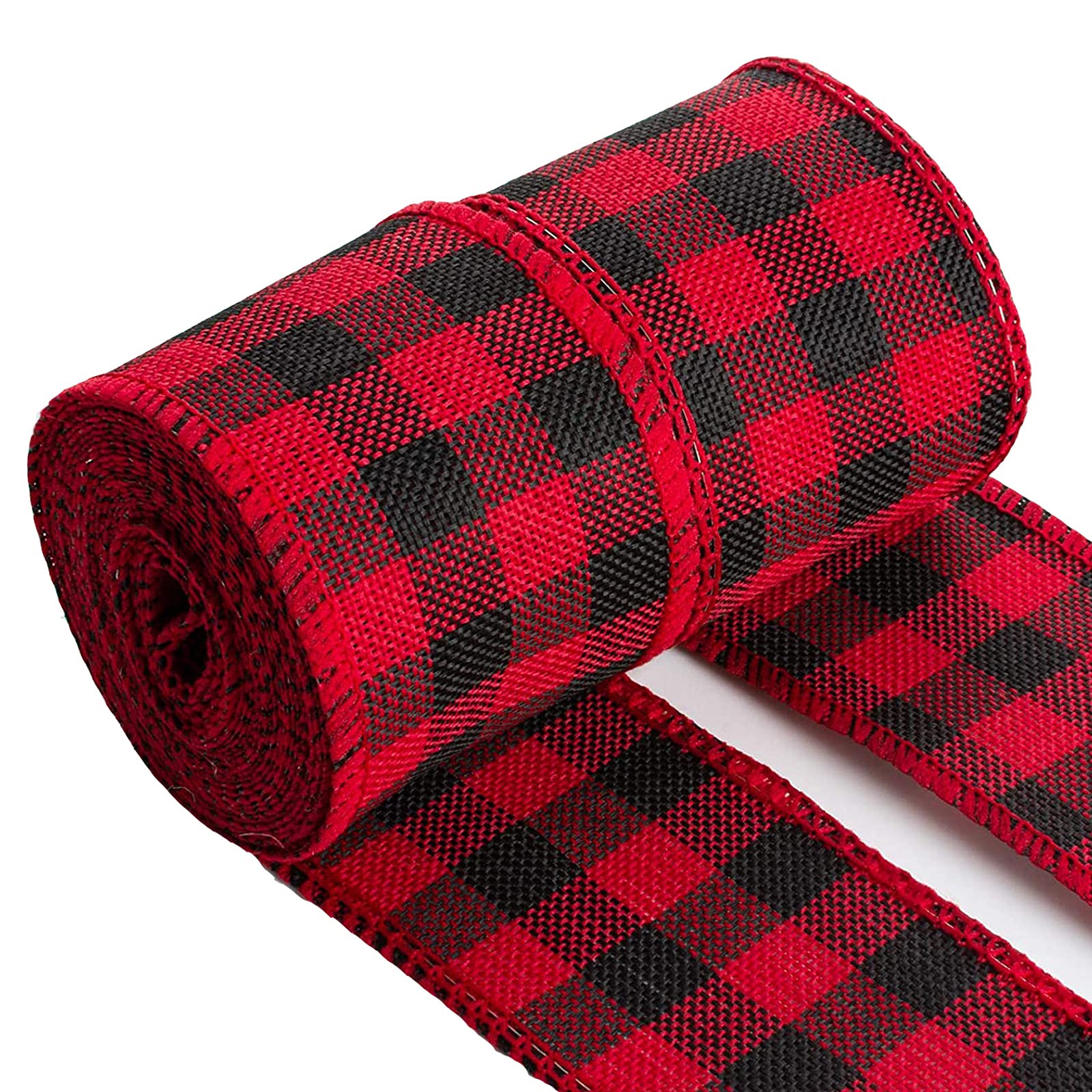 2 Rolls Buffalo Plaid Burlap Ribbon - Christmas Wired Edge Checked Ribbon for Tree Wreaths, Gift Wrapping, Crafts & Holiday Decorations (Red & Black) | Perfect for DIY Christmas Gifts, Home Decor, Party Favors & Seasonal Crafts
