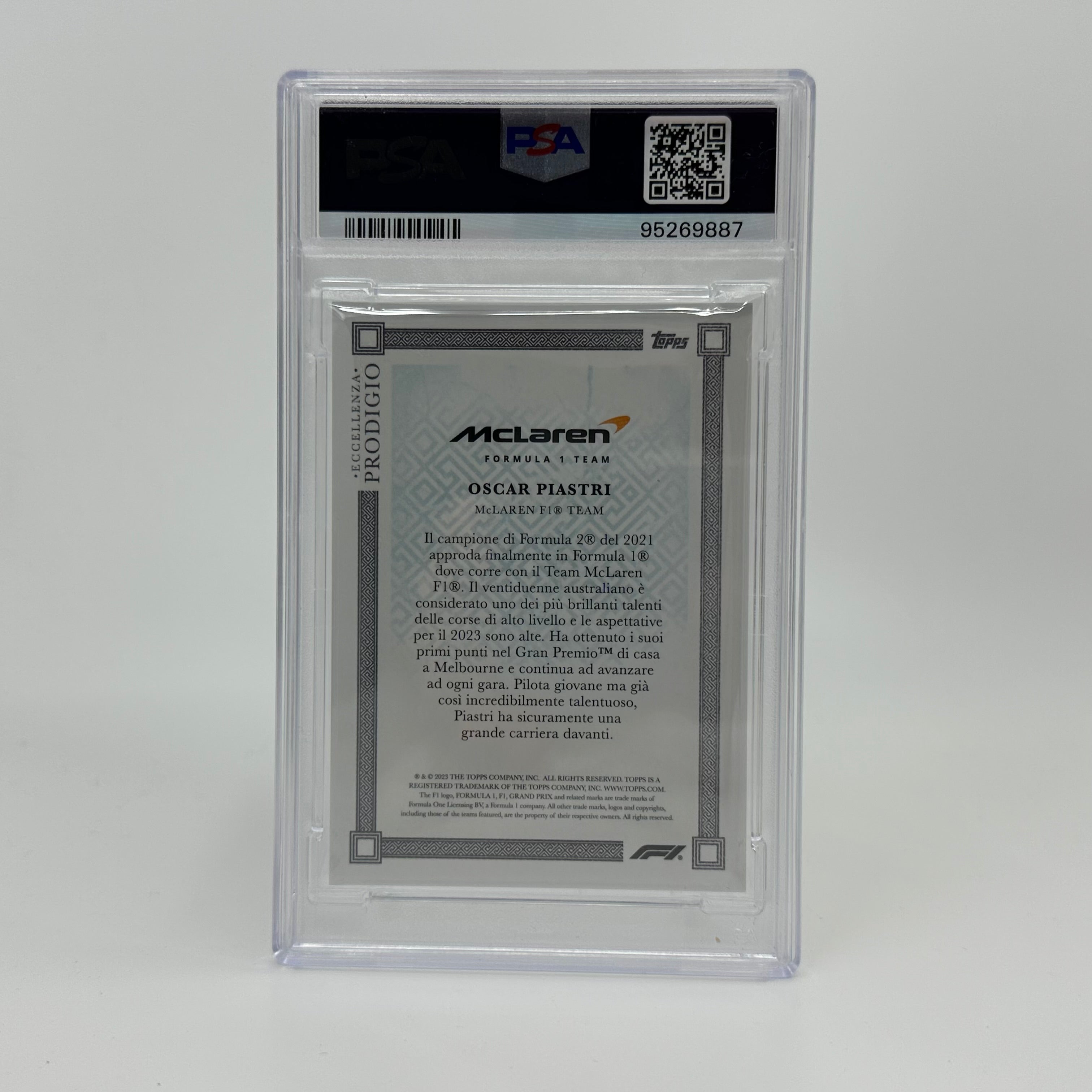 PSA 9 Graded 20/49 Oscar Piastri Blue 2023 Eccellenza Prodigio Rookie Card - Perfect for Sports Collectors & F1 Racing Fans Display