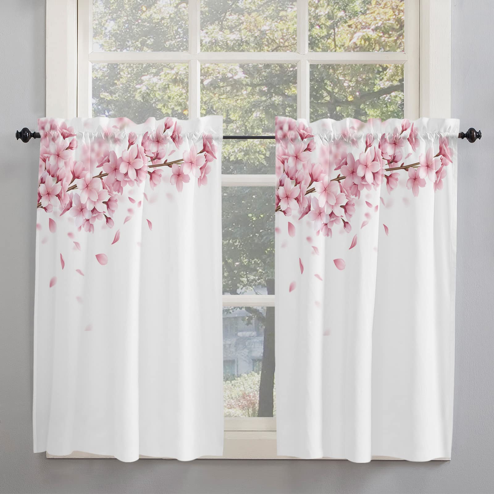 Spring Pink Sakura Flowers Kitchen Curtains 45 Inch Length - 2 Panels Cafe Tier Window Drapes with Rod Pocket, 55x45 Inches - Perfect for Kitchen, Dining Room, and Cafe Window Treatments