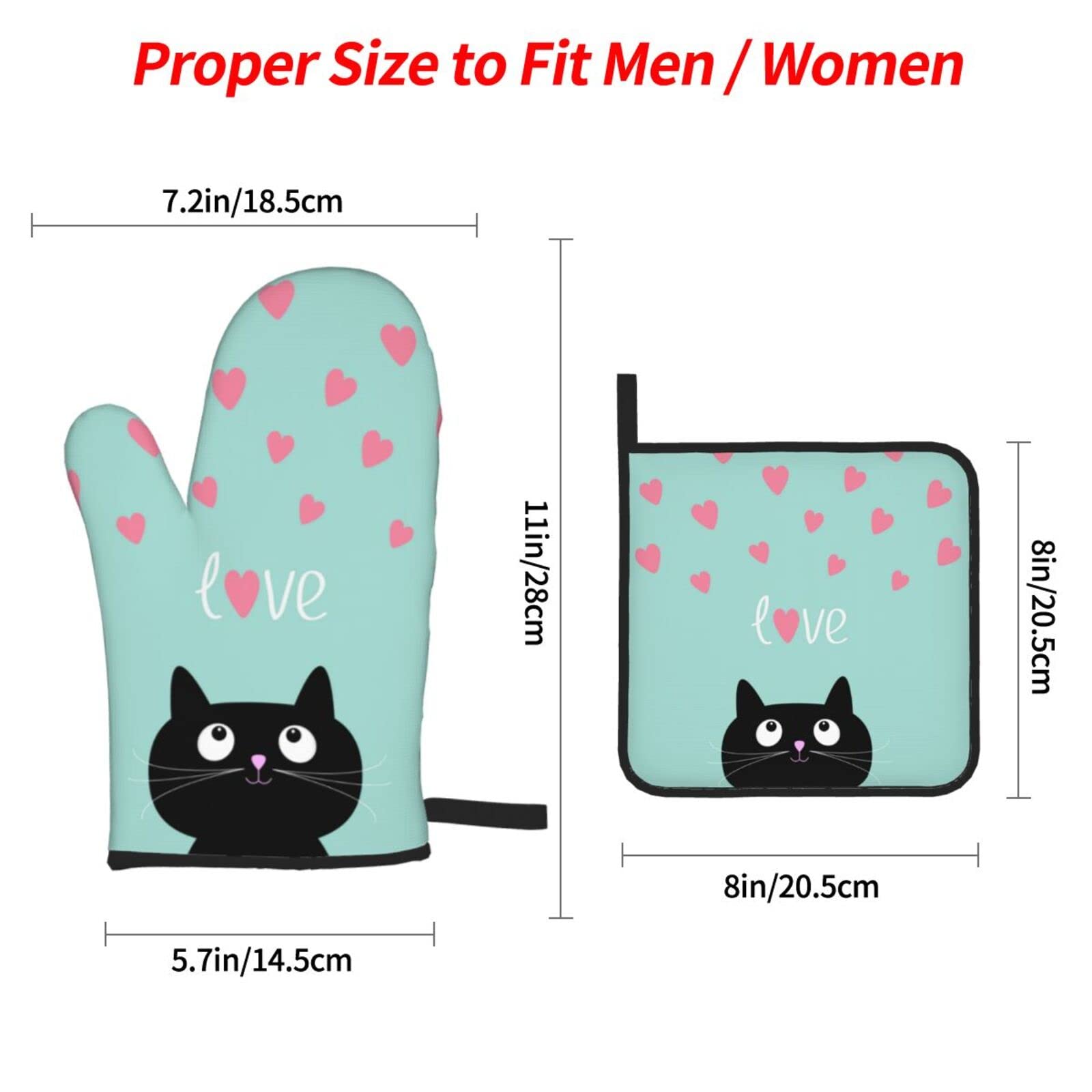 Funny Black Cat Oven Mitts and Pot Holders Set - 4pcs Heat Resistant Kitchen Gloves for Baking, Cooking, BBQ & Grilling - Perfect Gift for Cat Lovers & Home Chefs