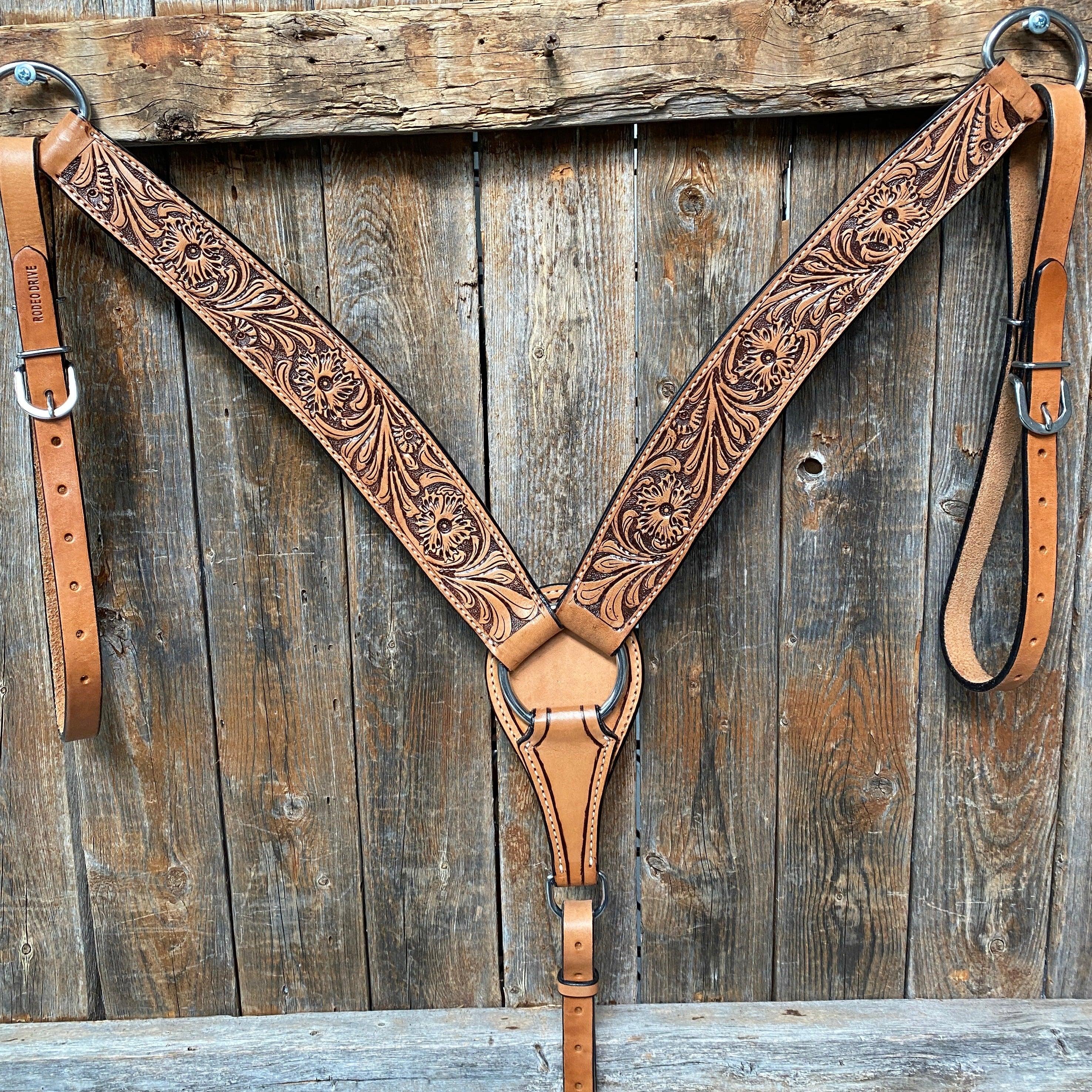 Light Oil Floral Tooled Wide Roper Style Breastcollar for Horses – Western Riding, Trail & Show Use