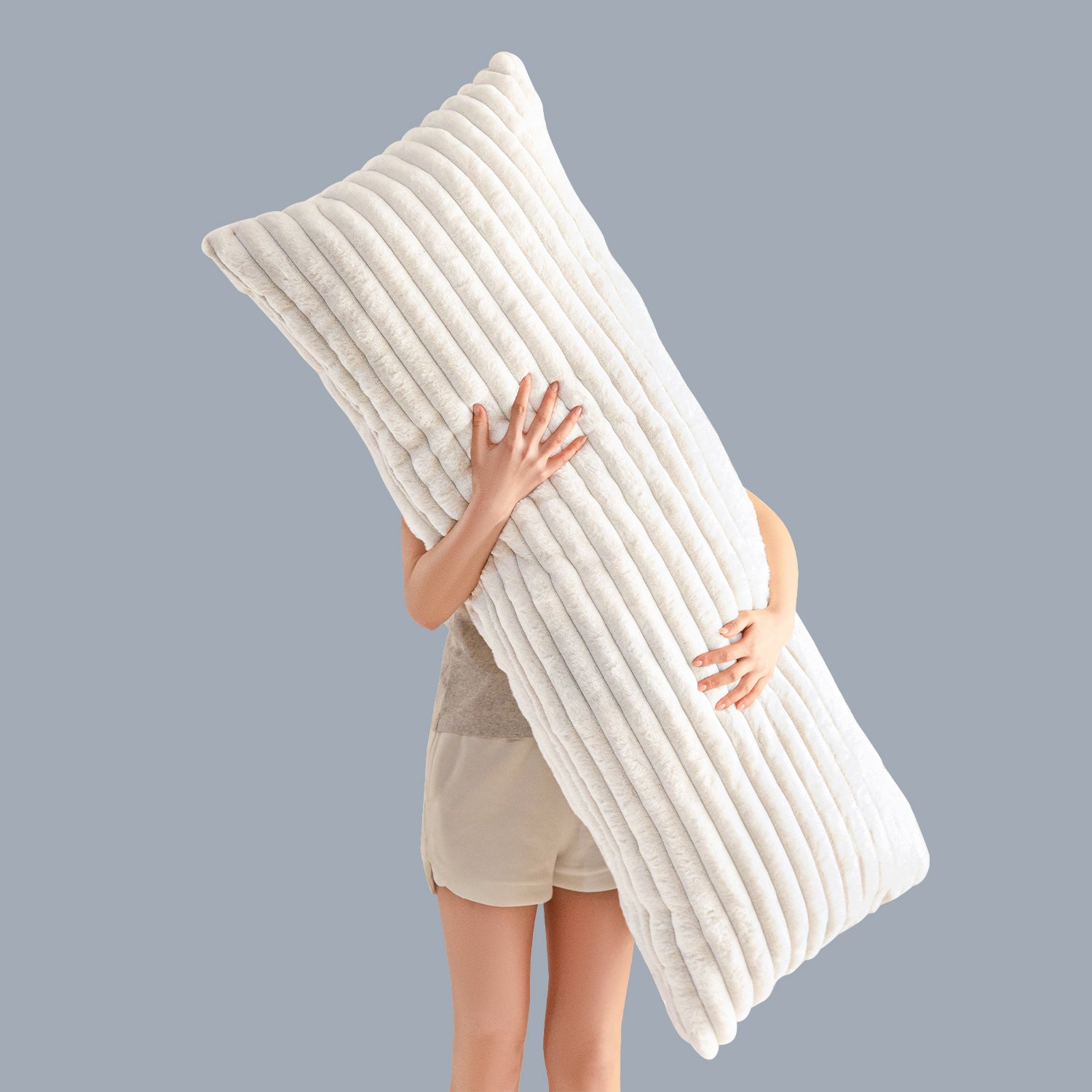 MAXYOYO Ultra Soft Striped Faux Fur Body Pillow for Adults - 20x54 Inch Long Hugging Pillow for Side Sleepers & Pregnancy Support (White) - Perfect for Bed, Couch & Home Comfort