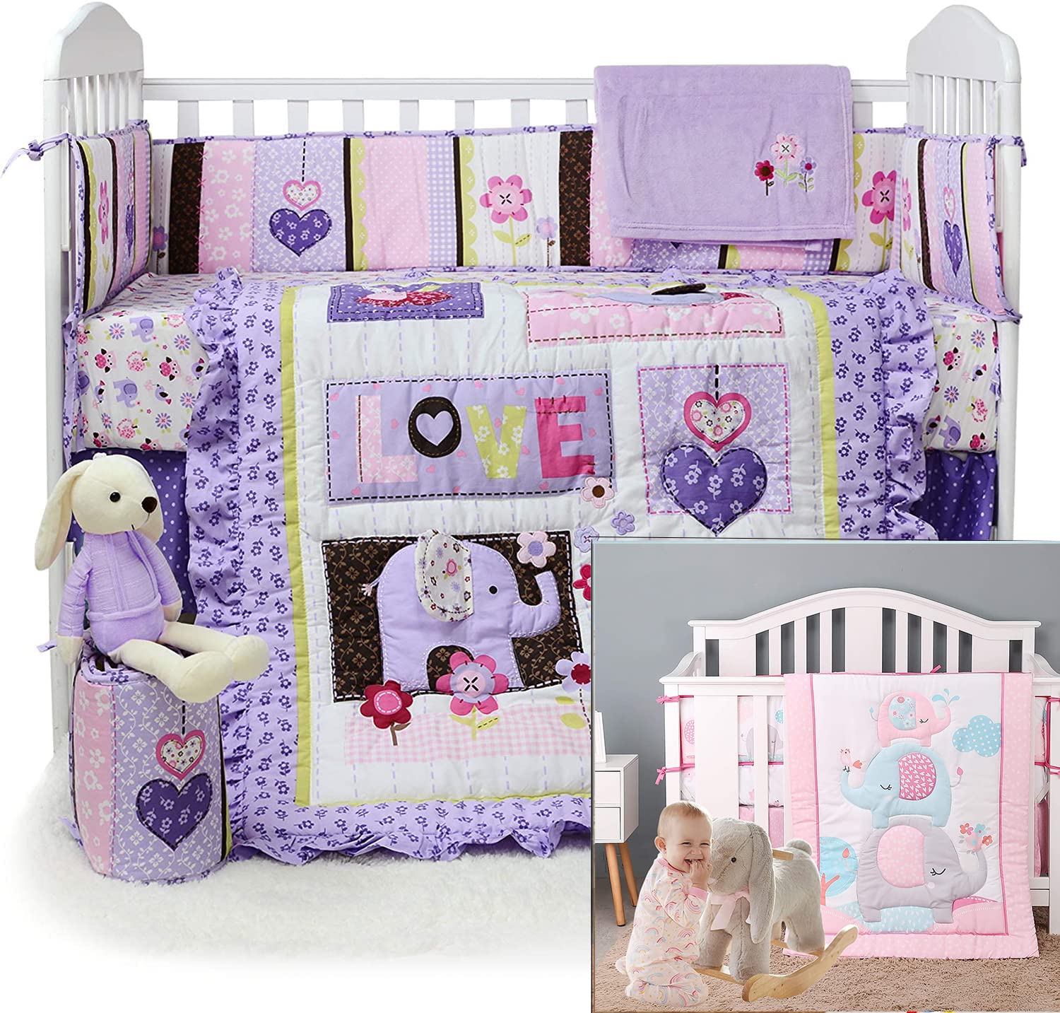 Brandream 6Pcs Baby Girls Crib Bedding Sets - Purple Elephant Floral & Pink Grey Playful Elephant Design | Soft Nursery Bedding for Newborn Infant Girls | Perfect for Nursery Decor, Baby Shower Gifts & Cozy Sleep Time