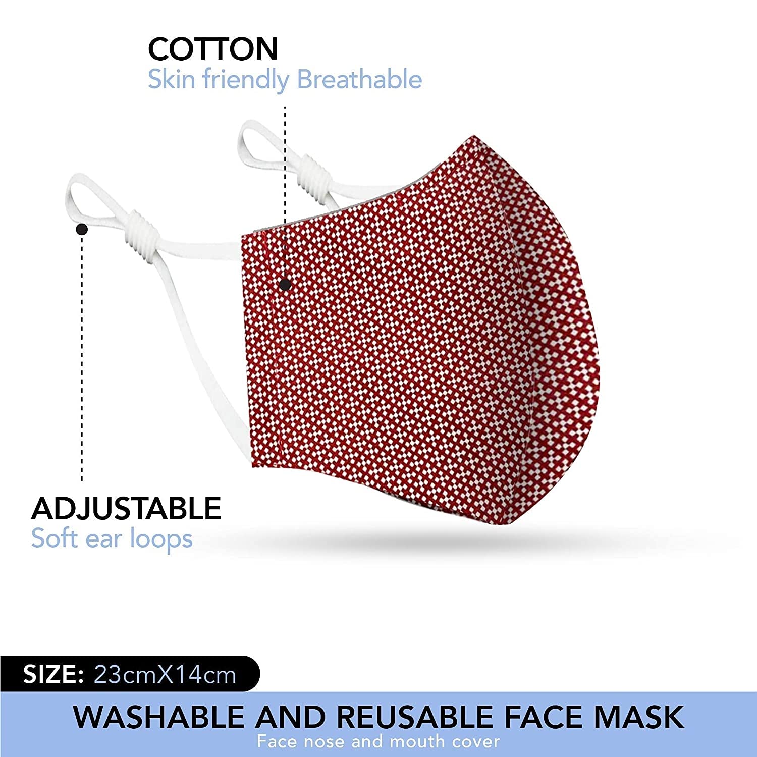 MAPLE Cotton Face Mask 5 Pack - Handmade Washable Reusable 3-Layer Cloth Masks with Adjustable Ear Loops for Women & Men | Dots Pattern | Made in India | Perfect for Daily Use, Travel, and Outdoor Activities