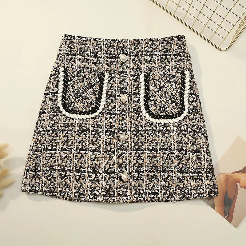Women's Fall Winter Plaid Tweed Mini Skirt - Thick Woolen Glitter Skirt with Pearl Buttons & Front Pockets | Perfect for Office, Party, and Holiday Outfits