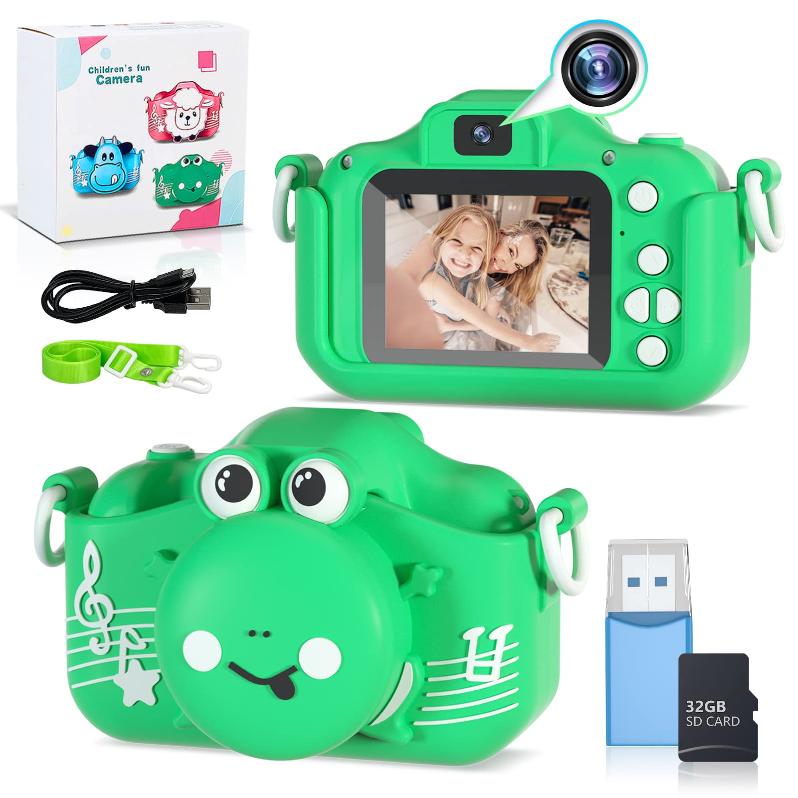 Nununary Kids Digital Camera - HD Dual Lens Video Camcorder Toy for 3-7 Year Old Girls & Boys | Christmas Birthday Gift with 32GB SD Card | Perfect for Outdoor Adventures, Family Trips & Creative Play (Green)