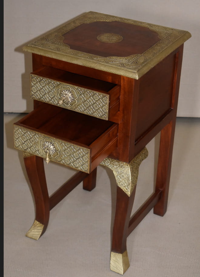 Handcrafted Embossed Brass Wooden Stool with 2 Drawers - Traditional Indian Furniture for Living Room, Bedroom & Boho Decor