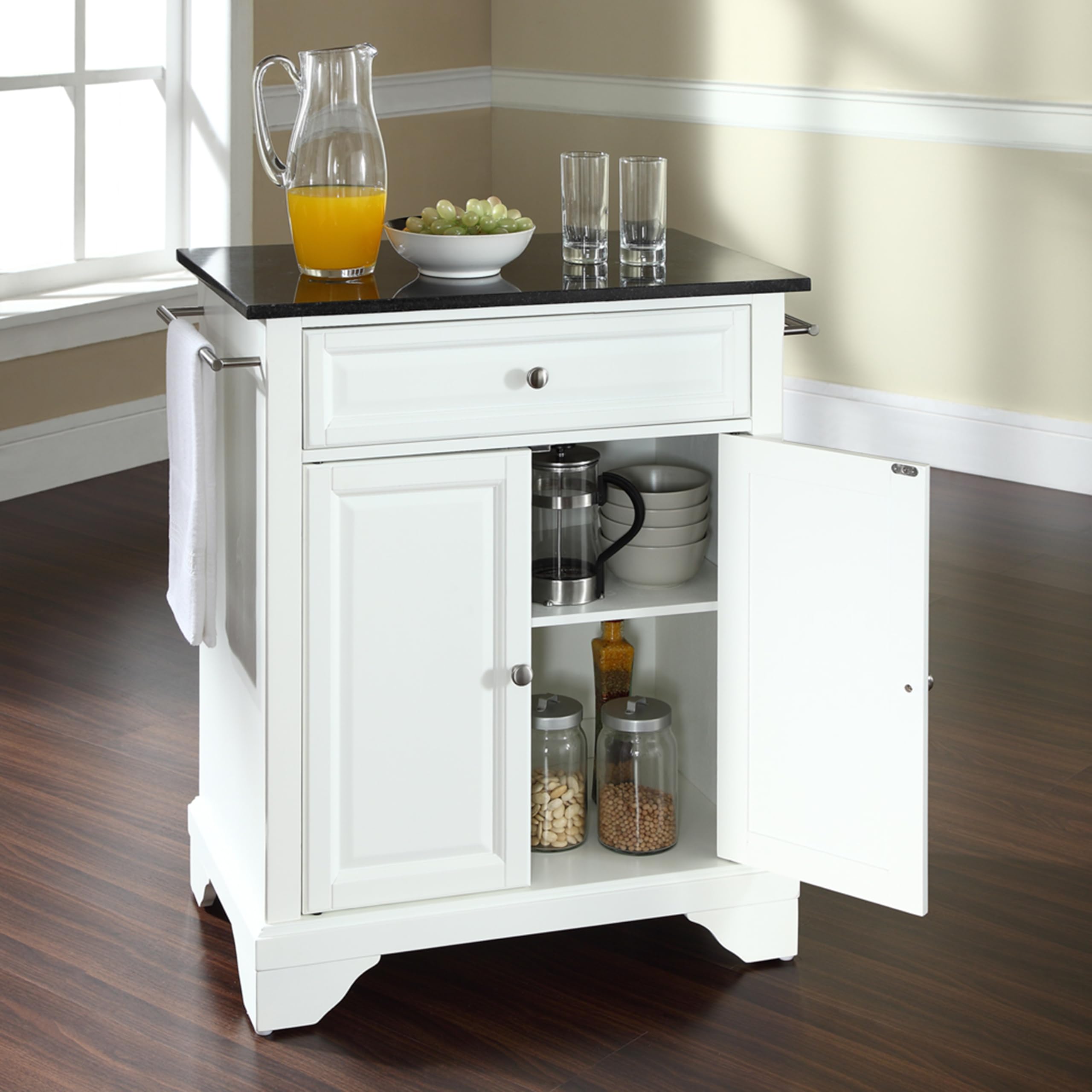 Crosley Lafayette Granite Top Portable Rolling Kitchen Island Cart with Storage - White | Microwave Stand, Small Kitchen Organizer for Compact Spaces, Perfect for Apartments & Small Kitchens