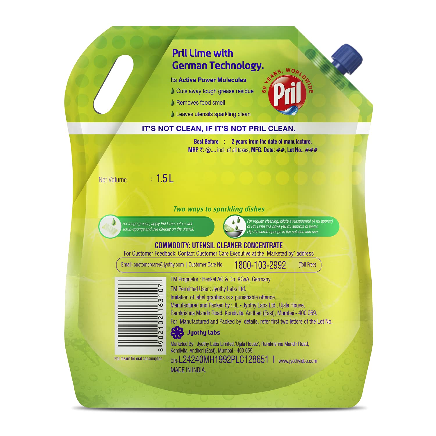 Pril Lime Liquid Dishwashing Gel - 1.5L Pouch | Powerful Grease Cutting Formula with German Technology | Leaves No Residue | Ideal for Pots, Pans & All Kitchen Utensils | Perfect for Daily Dishwashing & Tough Grease Removal