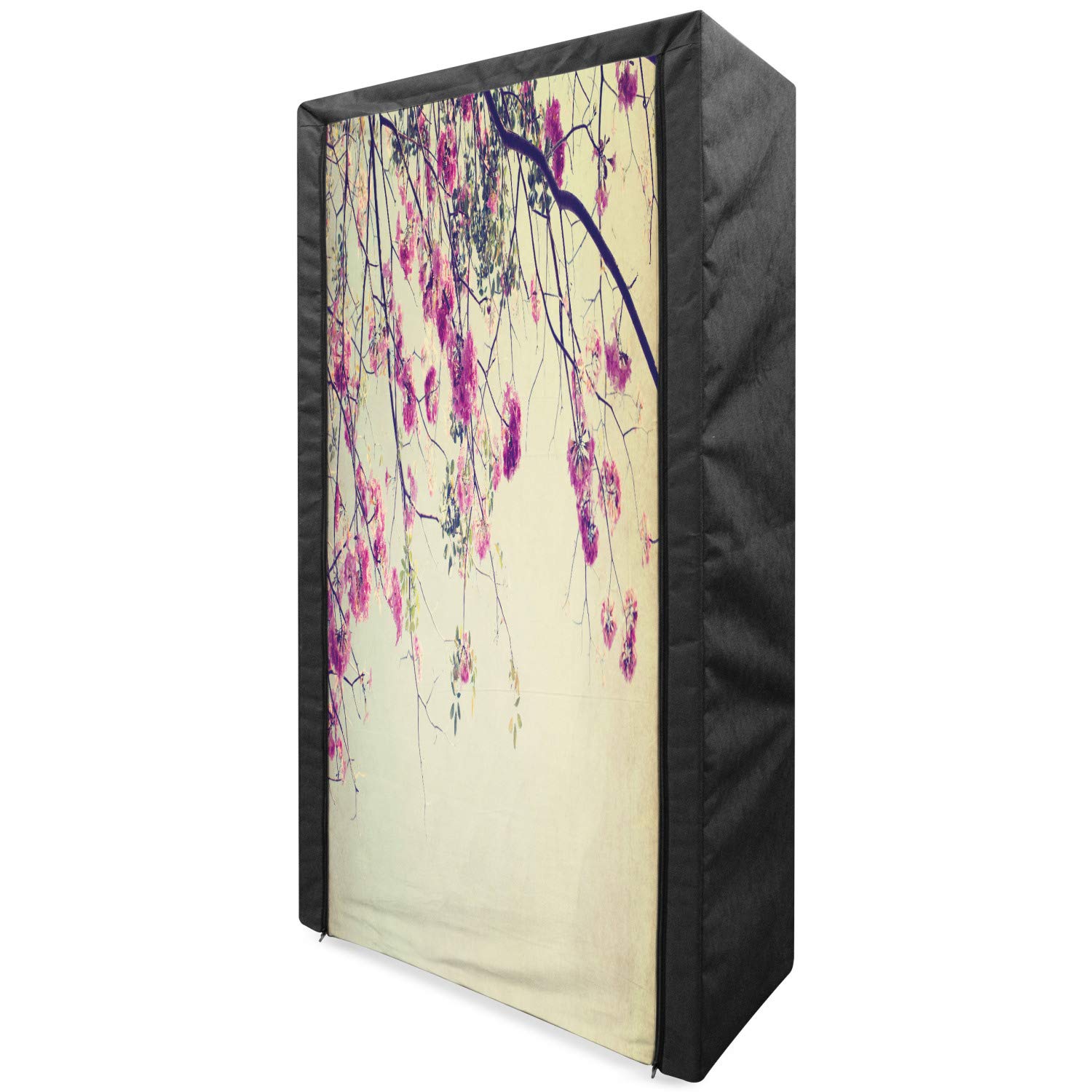 Ambesonne Floral Cherry Blossom Fabric Wardrobe - Portable Closet Organizer with Shelves for Clothes Storage, 33.5 Inch, Cream Fuchsia Brown - Perfect for Bedroom, Dorm, Apartment & Seasonal Clothing Organization