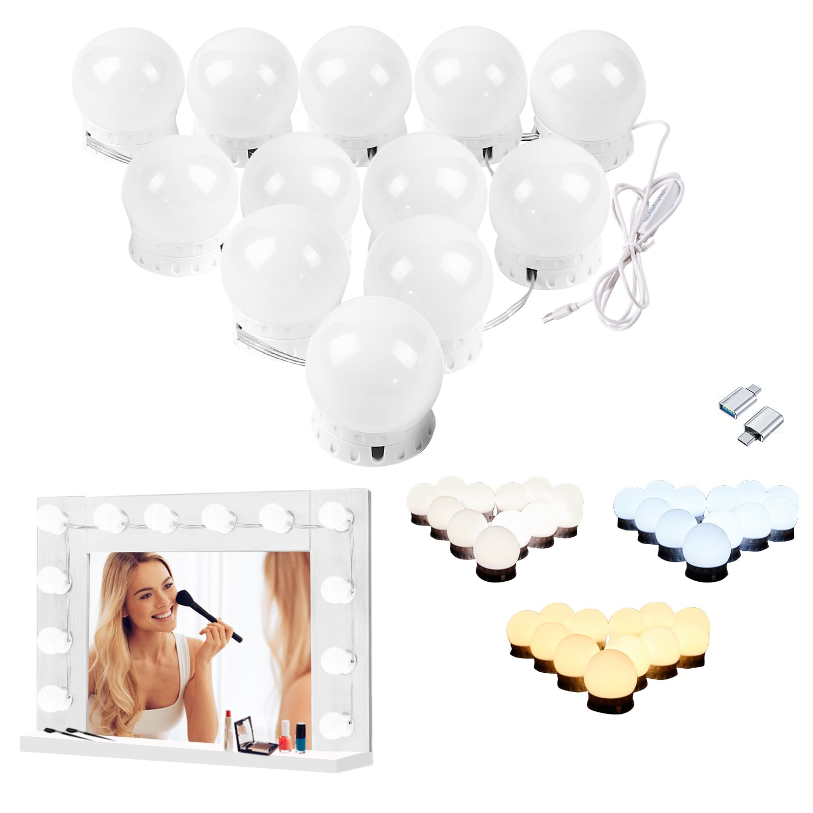 Hollywood Style LED Vanity Mirror Lights - 12 Dimmable Bulbs with Adjustable Color & Brightness, High Brightness LED Chips, USB Powered - Perfect for Makeup Application, Bathroom Lighting & Home Decoration