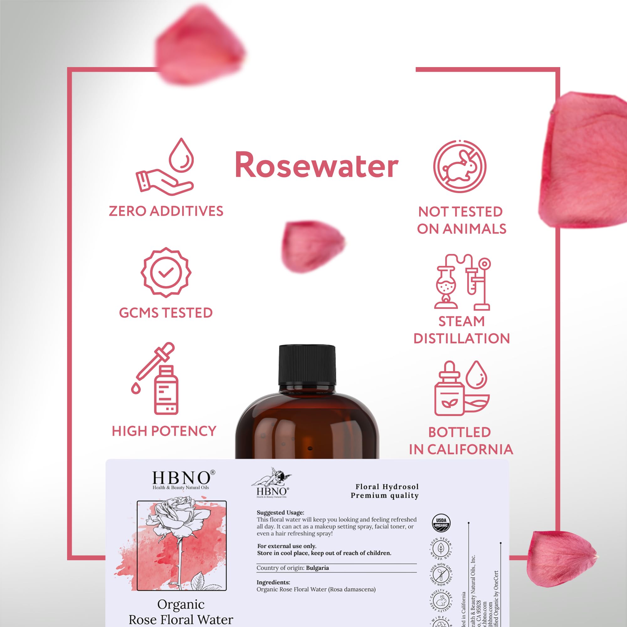 **HBNO California Organic Rose Water for Face & Hair - 16 fl oz (480ml) USDA Certified Pure Rosewater - Hydrating Skincare & Haircare Solution for Dry Skin & Frizz Control**    *(Use for toning, refreshing, hydrating skin, reducing frizz, and soothing irritation)*