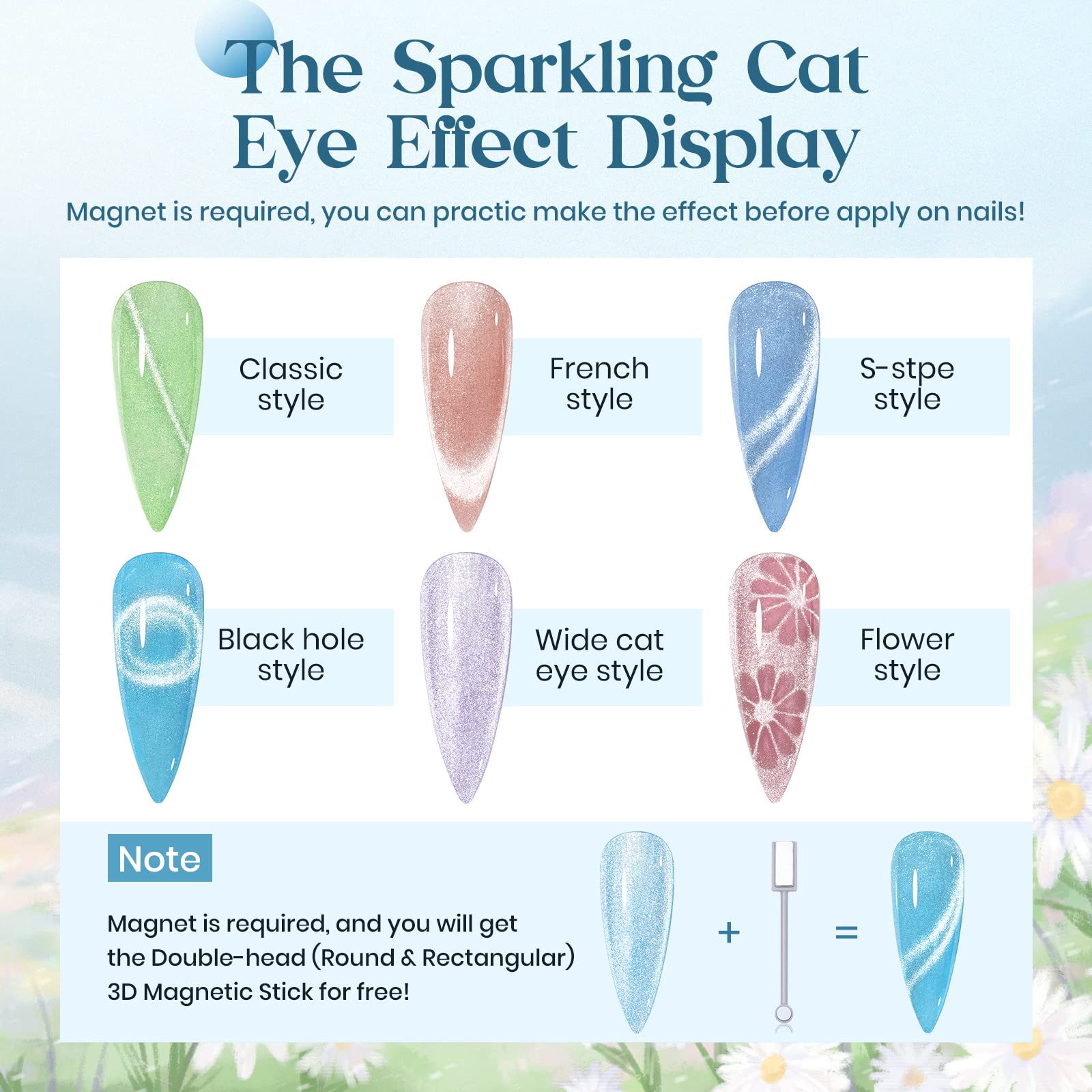 MIZHSE Magnetic Cat Eye Gel Polish Set - 10ml Soak Off UV LED Nail Polish with Magnetic Stick (6 Colors) - Long Lasting Salon Quality Nail Art for Manicures & Pedicures