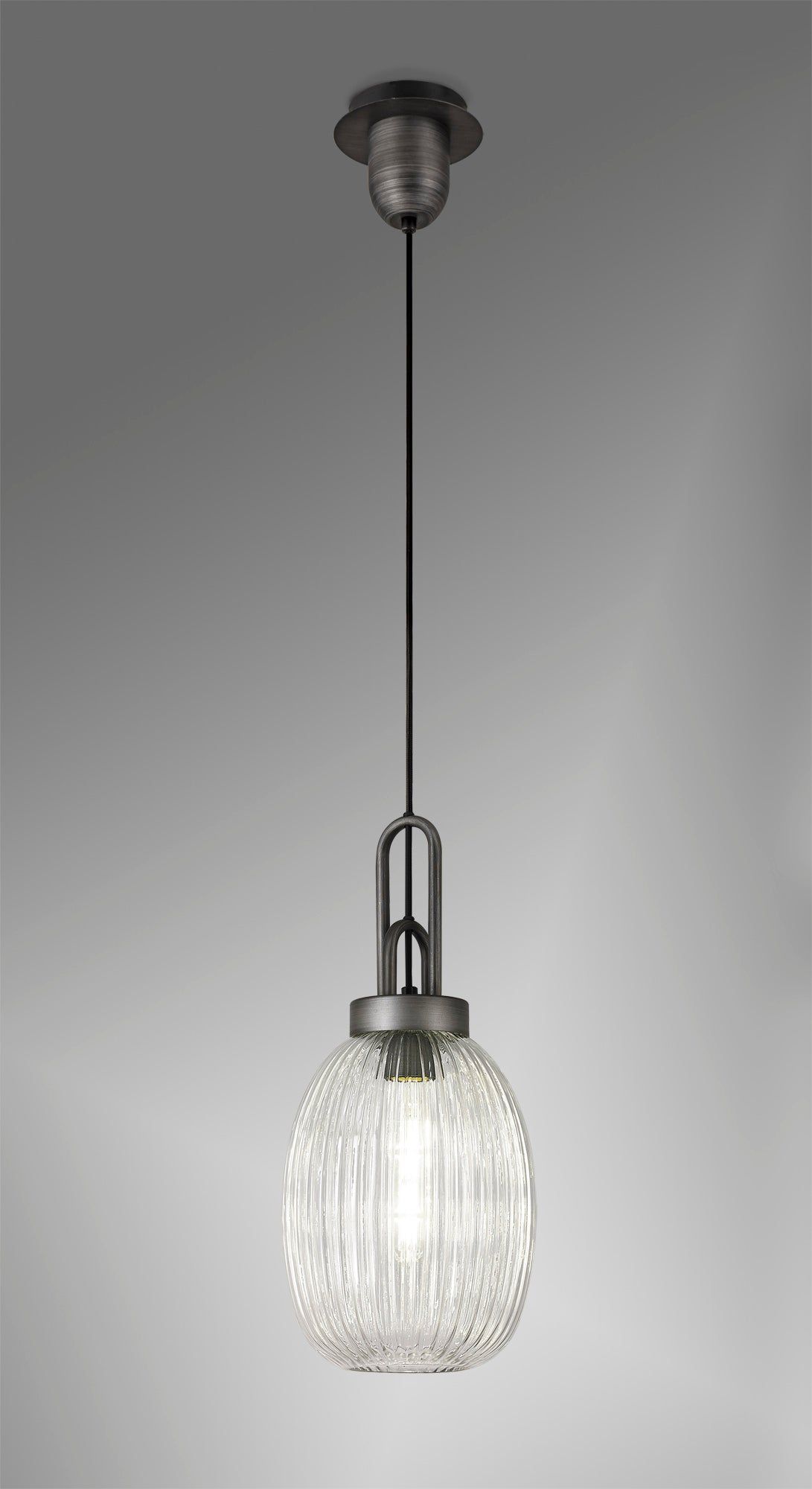 Cadiz 1-Light Pendant Light Fixture with 20cm Almond Ribbed Glass Shade, E27 Socket, IP20 Rated - Perfect for Kitchen Island, Dining Room, or Bedroom Lighting