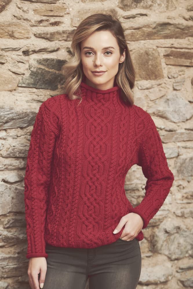 Aran Crafts Women's Traditional Irish Funnel Neck Sweater - 100% Merino Wool, Warm Winter Knitwear for Women, Perfect for Christmas Gifts & Cozy Outfits