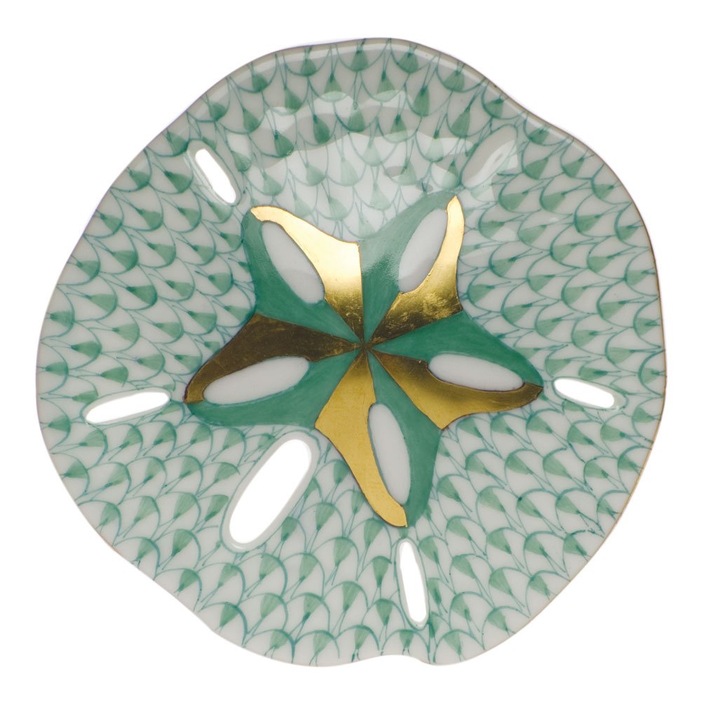 Herend Sand Dollar Porcelain Shell Figurine - Green Fishnet Design - Handcrafted Collectible Home Decor for Beach House, Coastal Living & Gift Giving