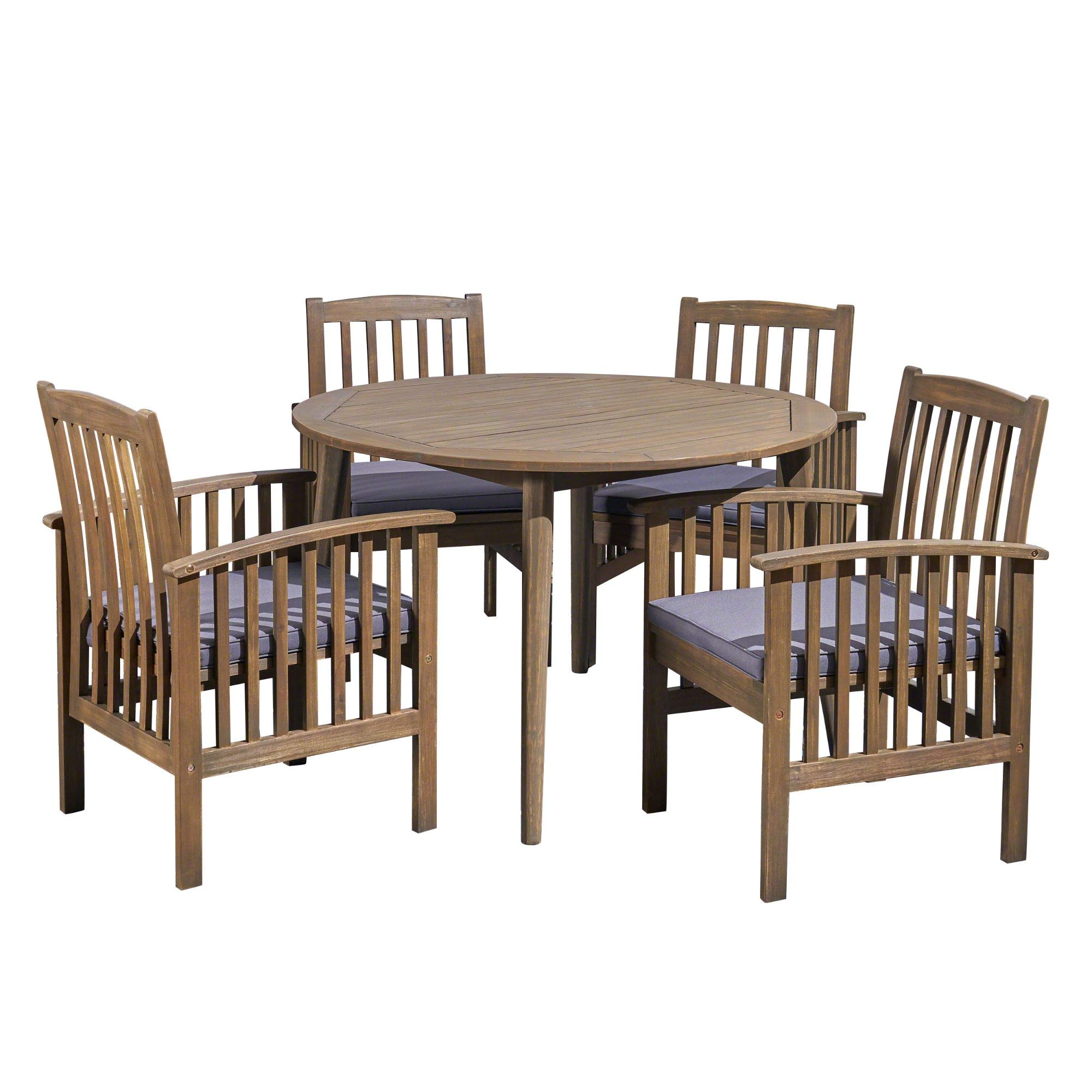 5-Piece Round Outdoor Dining Set with Gray Cushions - Modern Patio Furniture for Garden, Backyard & Poolside - Weather-Resistant Wood & Gray Finish