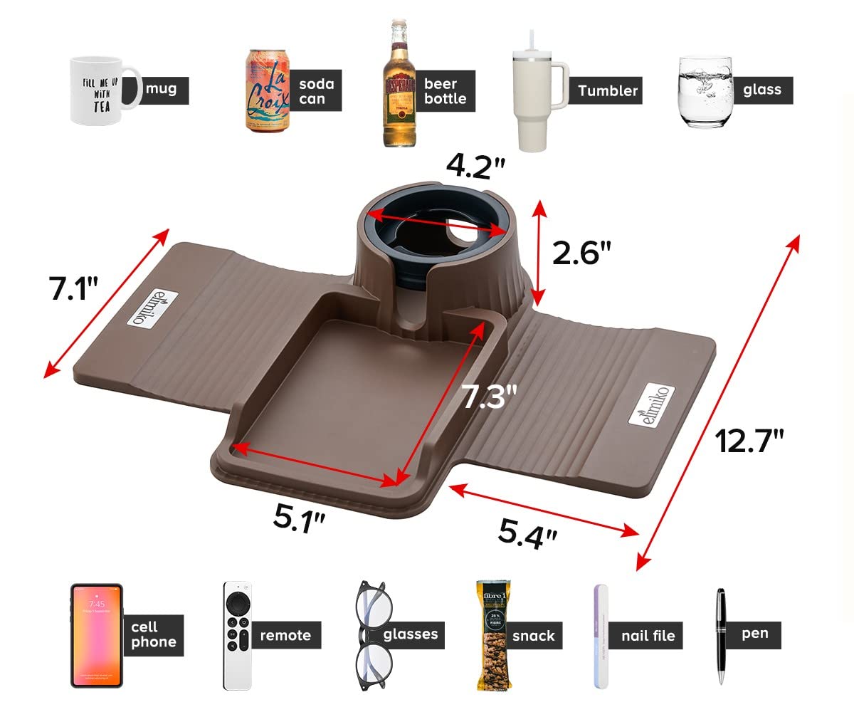 Elimiko Silicone Sofa Cup Holder Tray with Large Drink Holder - Fits Oversized Mugs, Remote, Snacks & Phone - Perfect for Living Room, Bedroom & Home Theater (Mocha Brown)