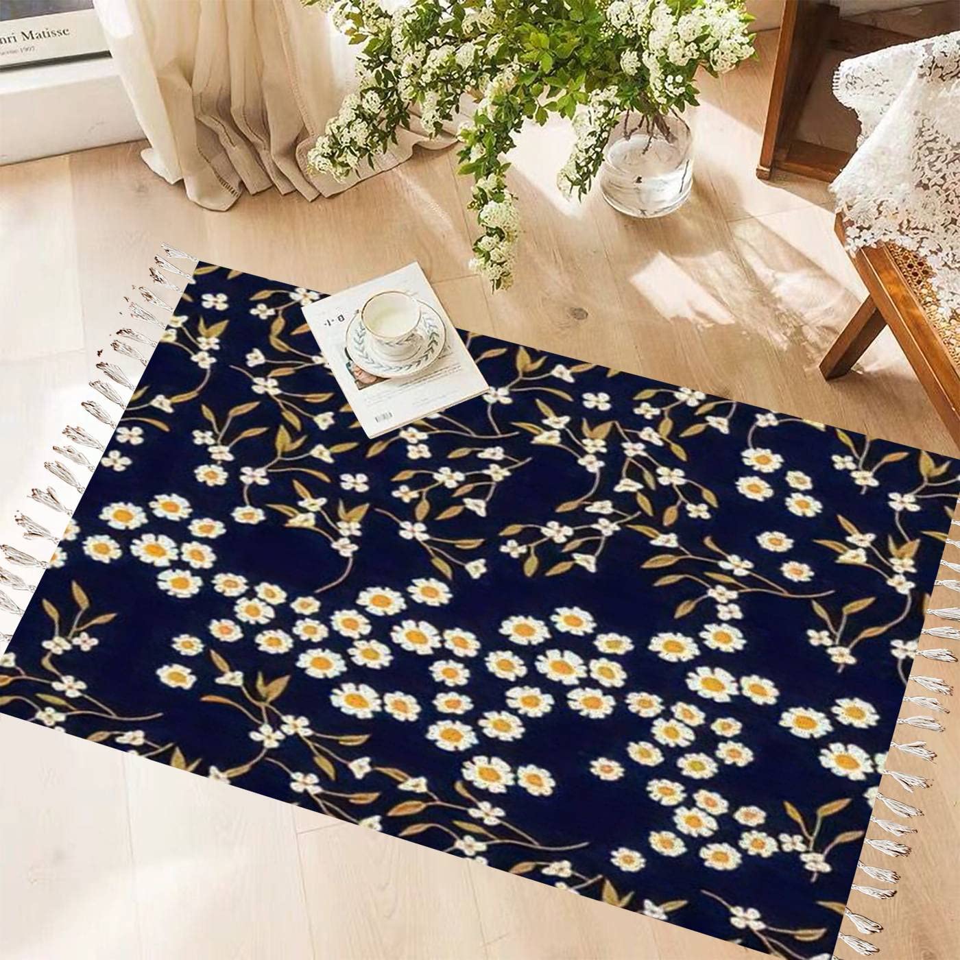 Vintage Cotton Linen Tassel Rug with Bohemian Daisy Print - Washable Woven Area Rug for Kitchen, Bathroom, Living Room & Outdoor Decor - Black Floral Boho Runner Mat with Retro Small Flowers Design