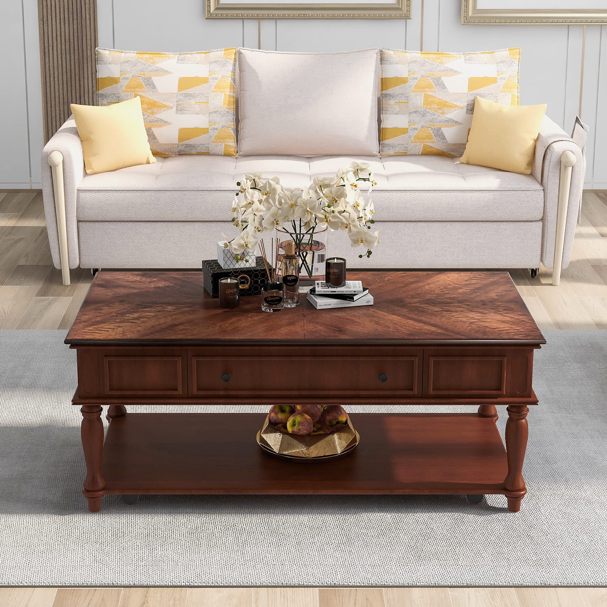 Vintage Two-Tone Industrial Coffee Table with Storage Shelf - Retro Wooden Cocktail Table for Living Room, Easy Assembly & Movable with Caster Wheels, Espresso Finish - Perfect for Small Spaces, Home Decor & Entertaining Guests
