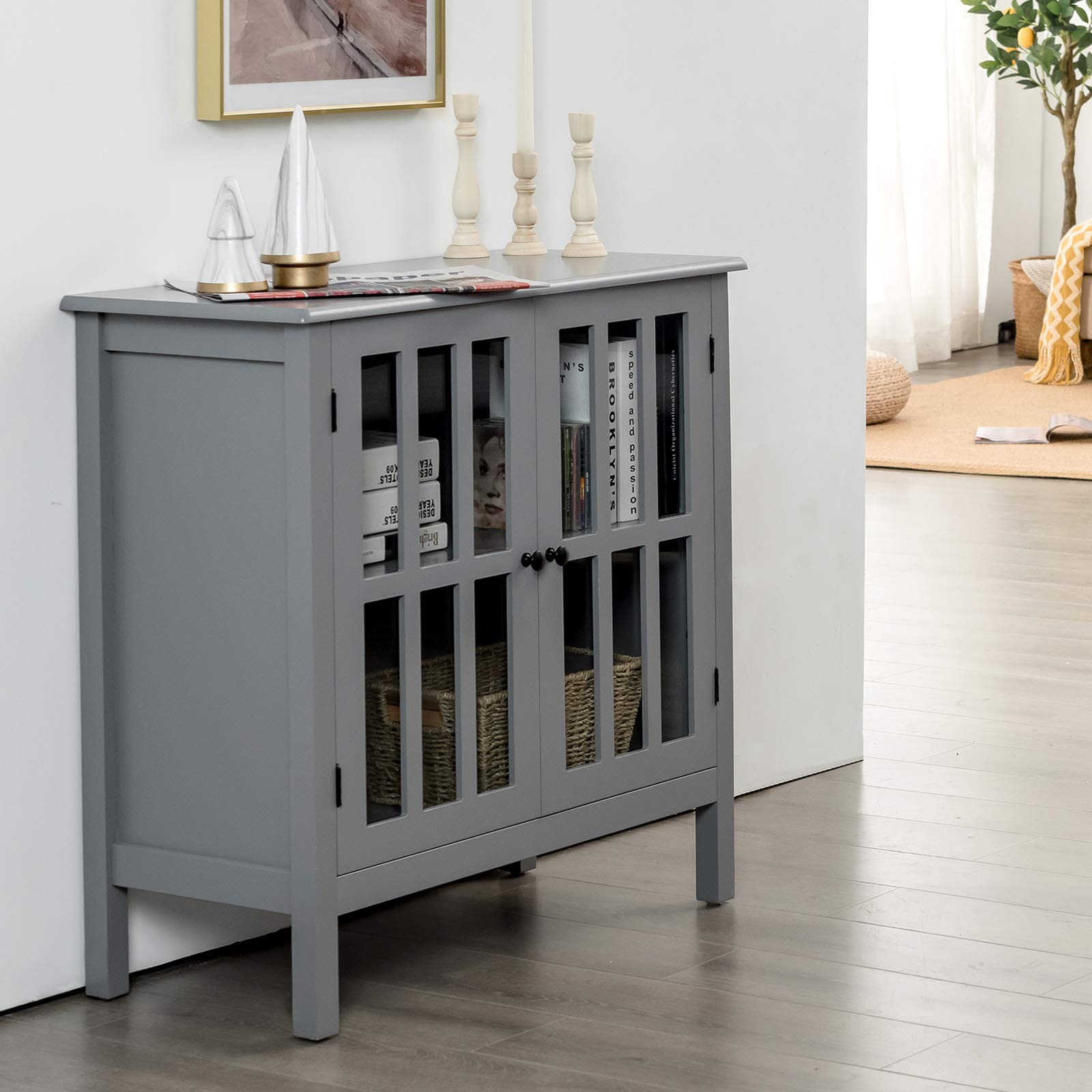 Tangkula Grey Sideboard Buffet Cabinet with 2 Glass Doors - Kitchen Dining Room Storage Cabinet, Liquor Curio Display, Cupboard Console Table for Home Decor & Entertaining