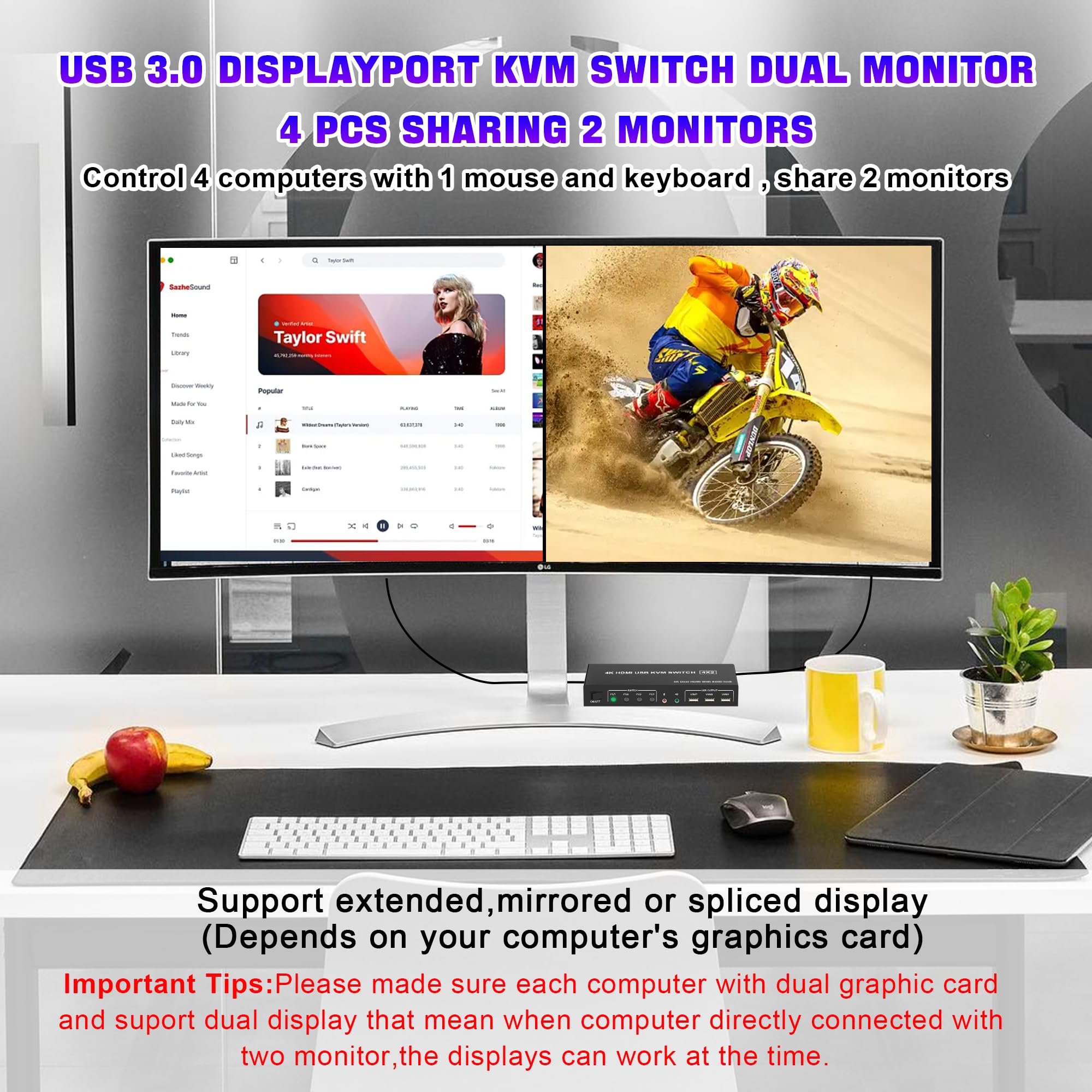 4K 60Hz USB 3.0 DisplayPort KVM Switch for 4 PCs & 2 Monitors - Dual Monitor Support with Audio/Mic Output & 3 USB 3.0 Ports - Ideal for Home Office, Gaming Setup, and Multi-Computer Workstations