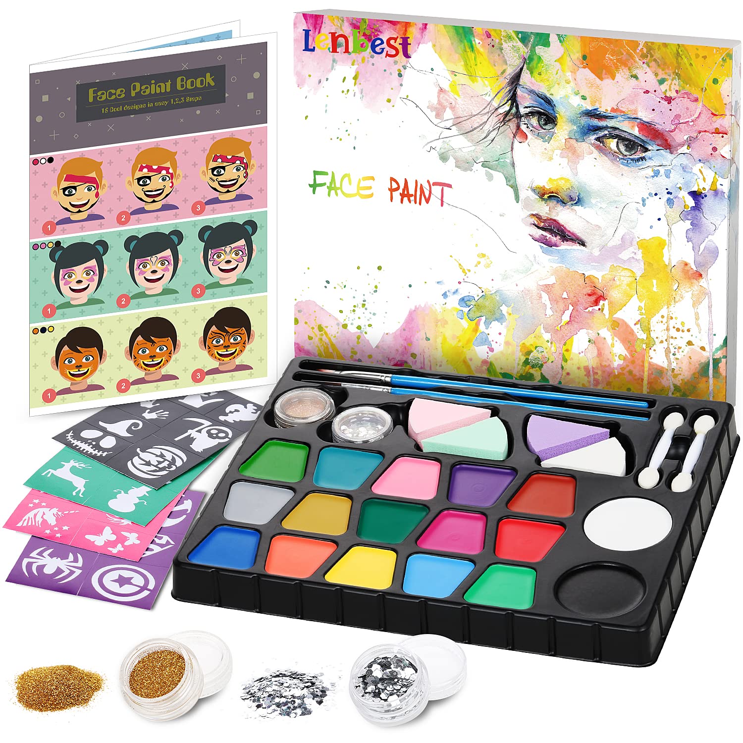 Lenbest Face Paint for Kids - 17 Vibrant Colors, Non-Toxic & Washable Face Paint Kit - Safe Halloween Makeup, Birthday Party, Carnival & Costume Face Painting for Boys and Girls - Perfect for Halloween, Birthday Parties, School Events & Dress-Up Play