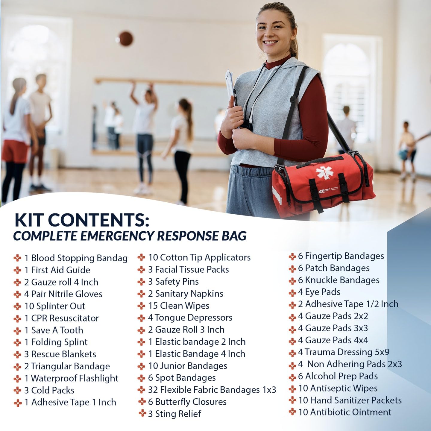 MFASCO Comprehensive School Classroom First Aid Kit - 200+ Emergency Supplies for First Aid Responders - Red Trauma Bag for Schools, Groups & Offices (10.5