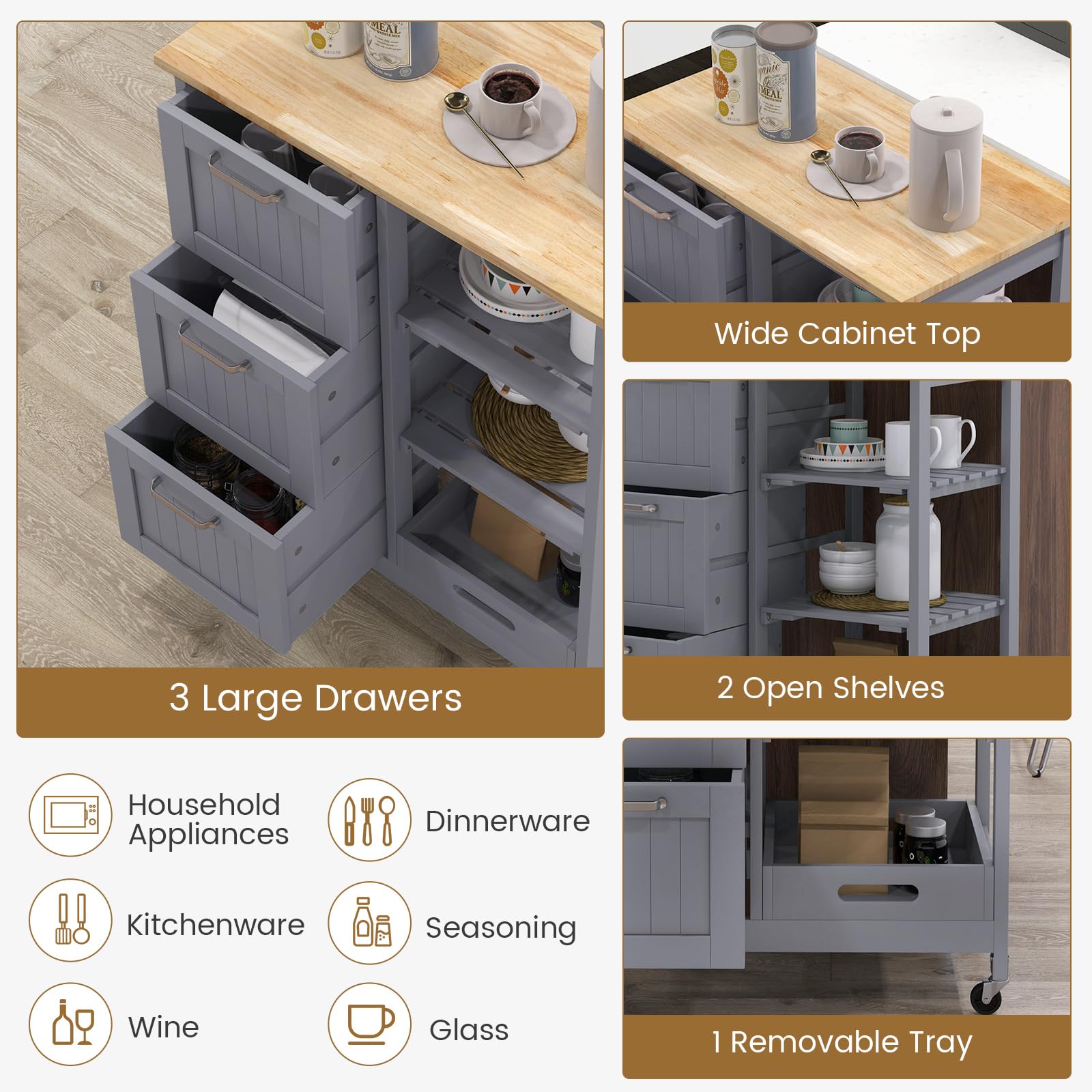 GOFLAME Kitchen Island Cart on Wheels with Storage - 3 Drawers, Wood Countertop & Removable Tray | Lockable Casters Mobile Serving Cart for Kitchen, Dining Room, Office | Perfect for Small Spaces, Entertaining & Extra Counter Space (Grey)