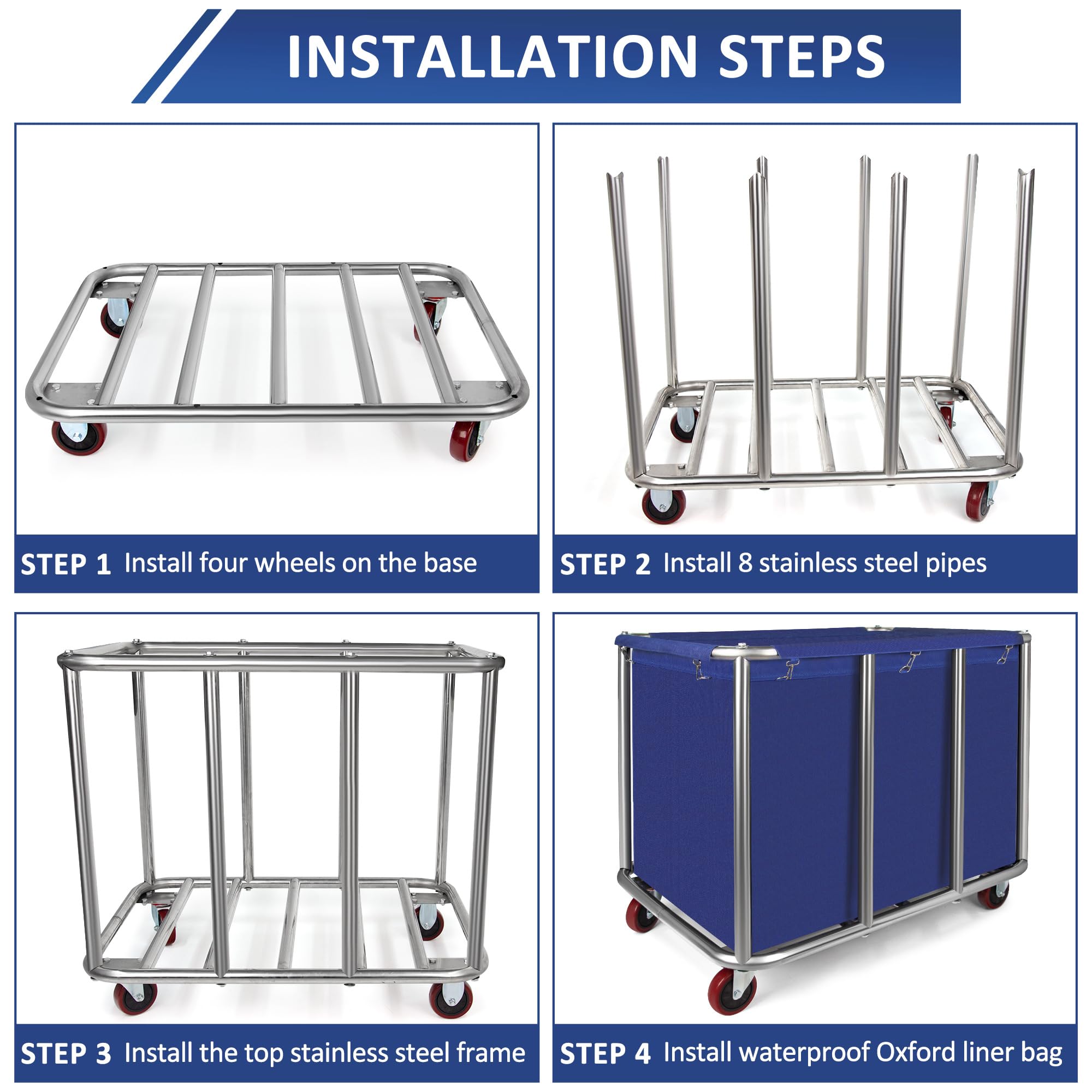 Commercial Laundry Cart with Wheels - 11.35 Bushel Heavy Duty Industrial Laundry Hamper, Stainless Steel Frame & Waterproof Oxford Cloth, 440Lbs Capacity - Perfect for Hotels, Hospitals, Laundromats & Large Facilities