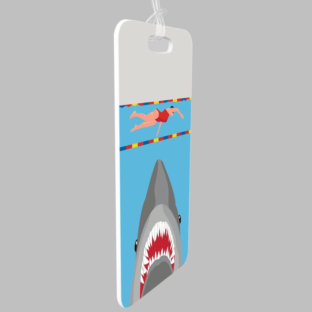 Custom Swimming Luggage Tag for Girls - Shark Attack Design with Personal Info on Back - Large Waterproof Travel Bag Tag for Swim Meets, Beach Trips & Pool Vacations