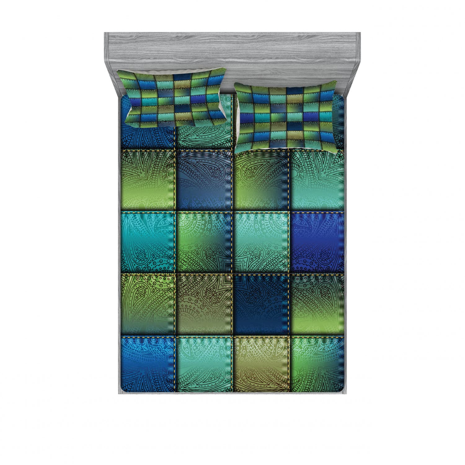 Ambesonne 2-Pack Queen Size Fitted Sheet Set with 4 Pillow Shams - Modern Geometric Bohemian Style Bedding in Blue Green | Complete 4-Piece Bedroom Decor for Guest Rooms, Dorms & Vacation Homes