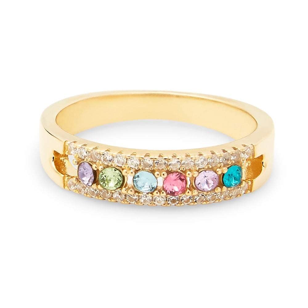 EVE'S ADDICTION Engravable Gold 6 Stone CZ Birthstone Ring - Personalized Gift for Mom, Mother's Day, Birthday, Anniversary | Elegant Jewelry for Women, Perfect for Special Occasions & Everyday Wear