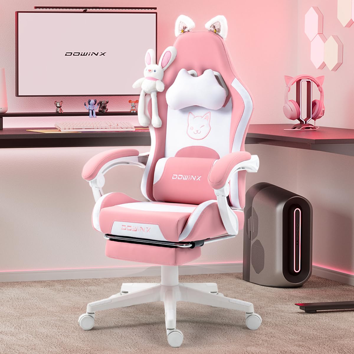 Dowinx Pink Ergonomic Gaming Chair with Cute Cat Design - High Back Office Chair with Lumbar Massage Support, PU Leather, Footrest - Perfect for Gaming, Working & Home Office Use