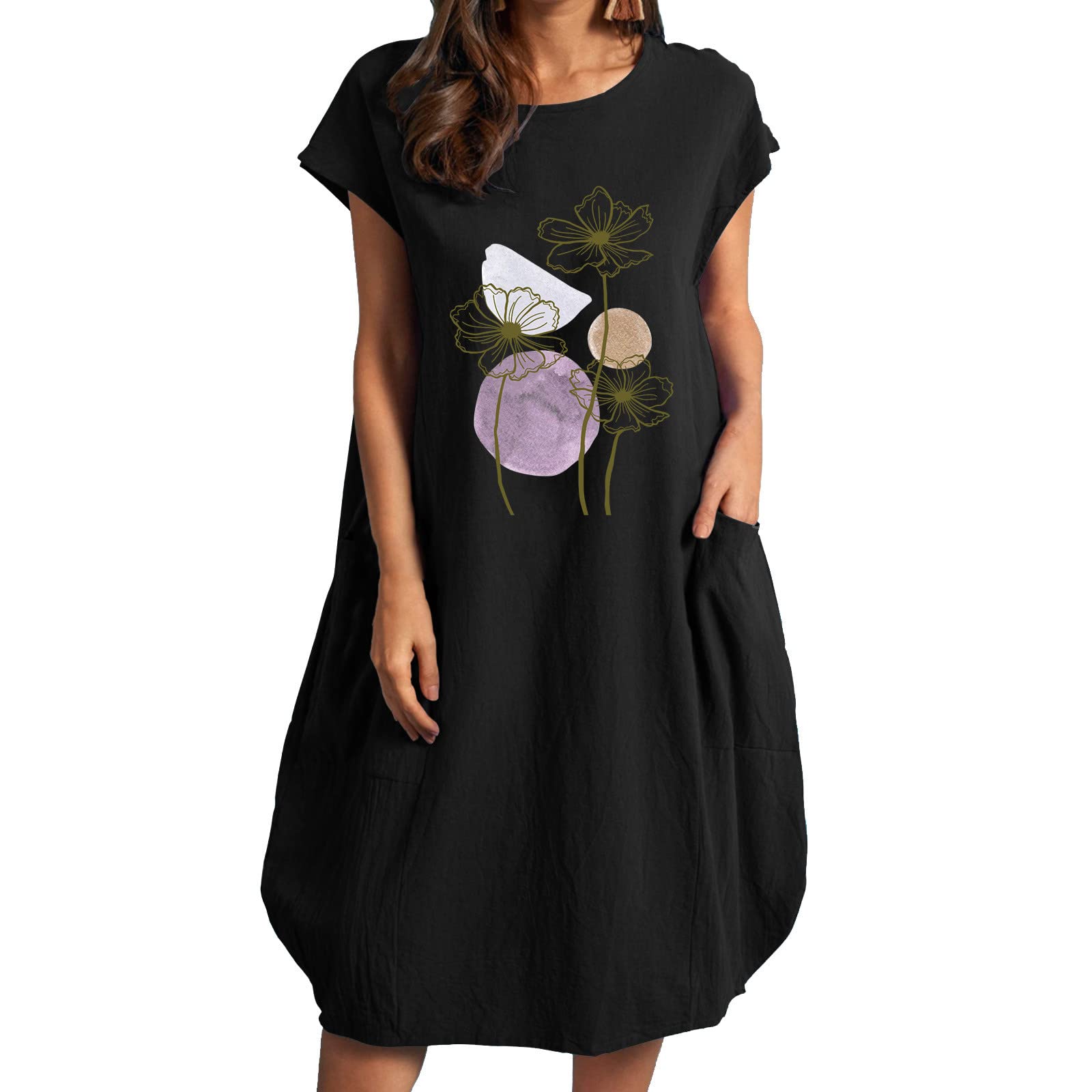 Anjikang Women's Summer Cap Sleeve T-Shirt Dress - Floral Print Casual Shift Dress with Pockets | Loose Fit Crewneck Midi Kaftan for Beach, Vacation & Everyday Wear