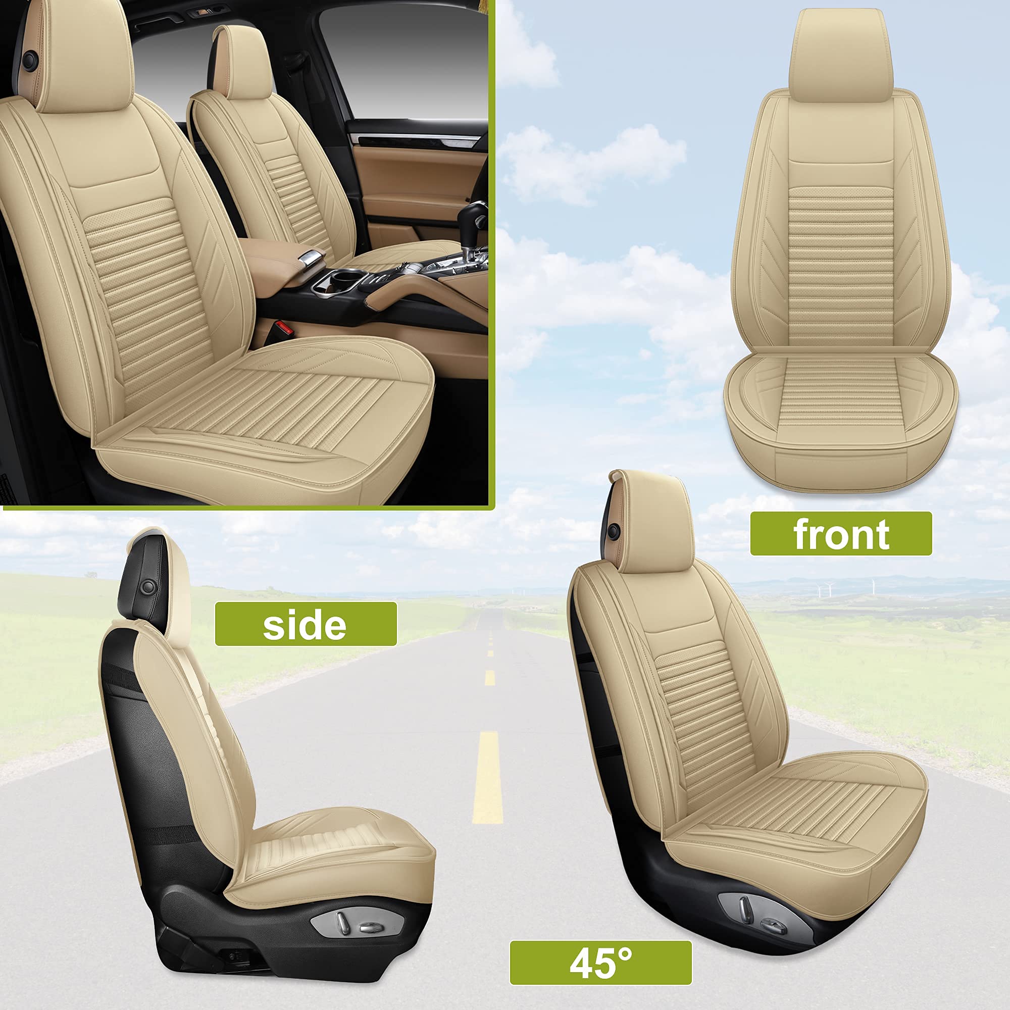 Premium AOOG Leather Car Seat Covers - Universal Fit Leatherette Seat Protectors for Cars, SUVs & Trucks | Non-Slip Auto Interior Accessories (Full Set, Beige) | Perfect for Road Trips, Commuting & Family Protection