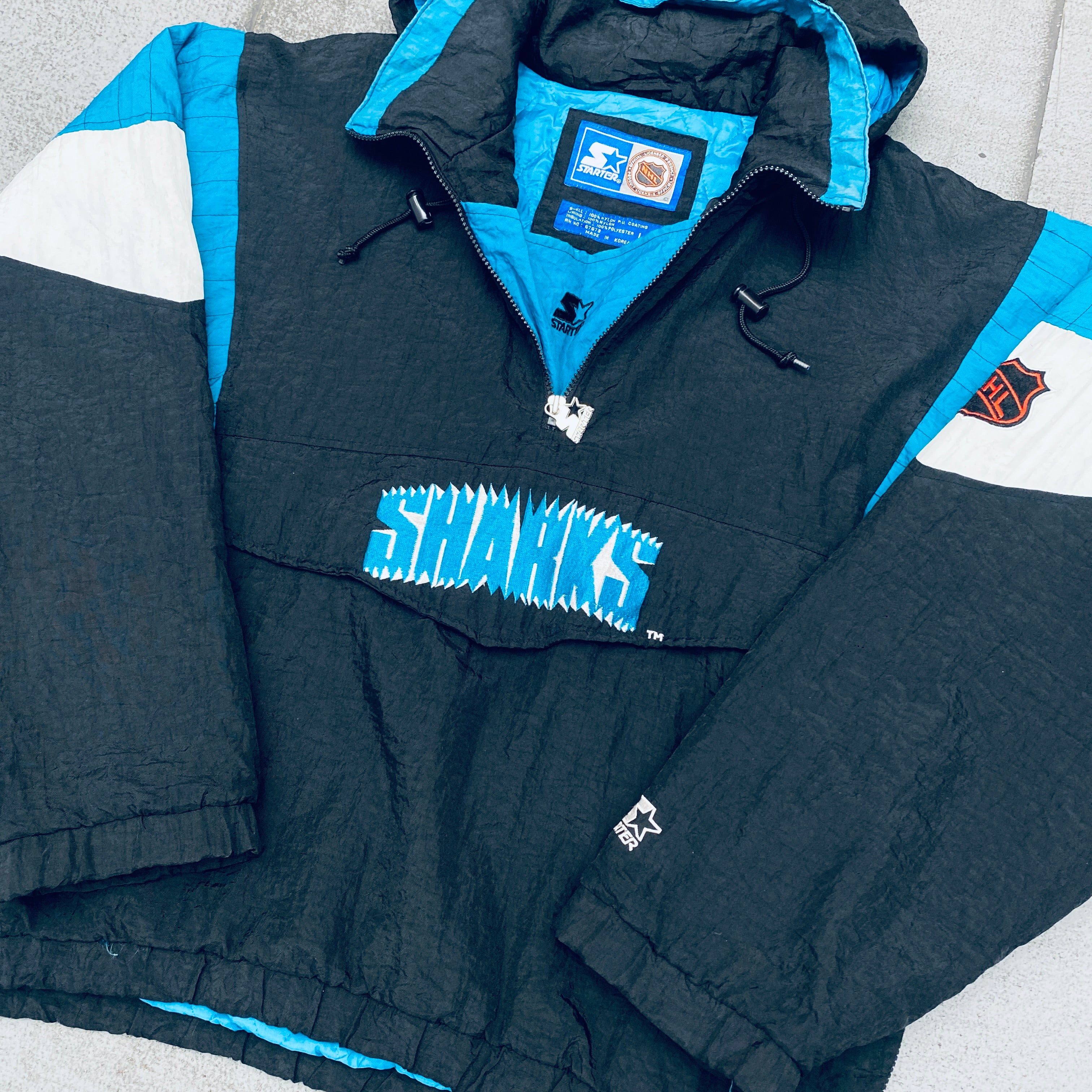 San Jose Sharks 1990s Vintage 1/4 Zip Breakaway Jacket - NHL Hockey Starter Pullover (Large/XL) - Perfect for Game Day, Fan Gear & Retro Sports Fashion