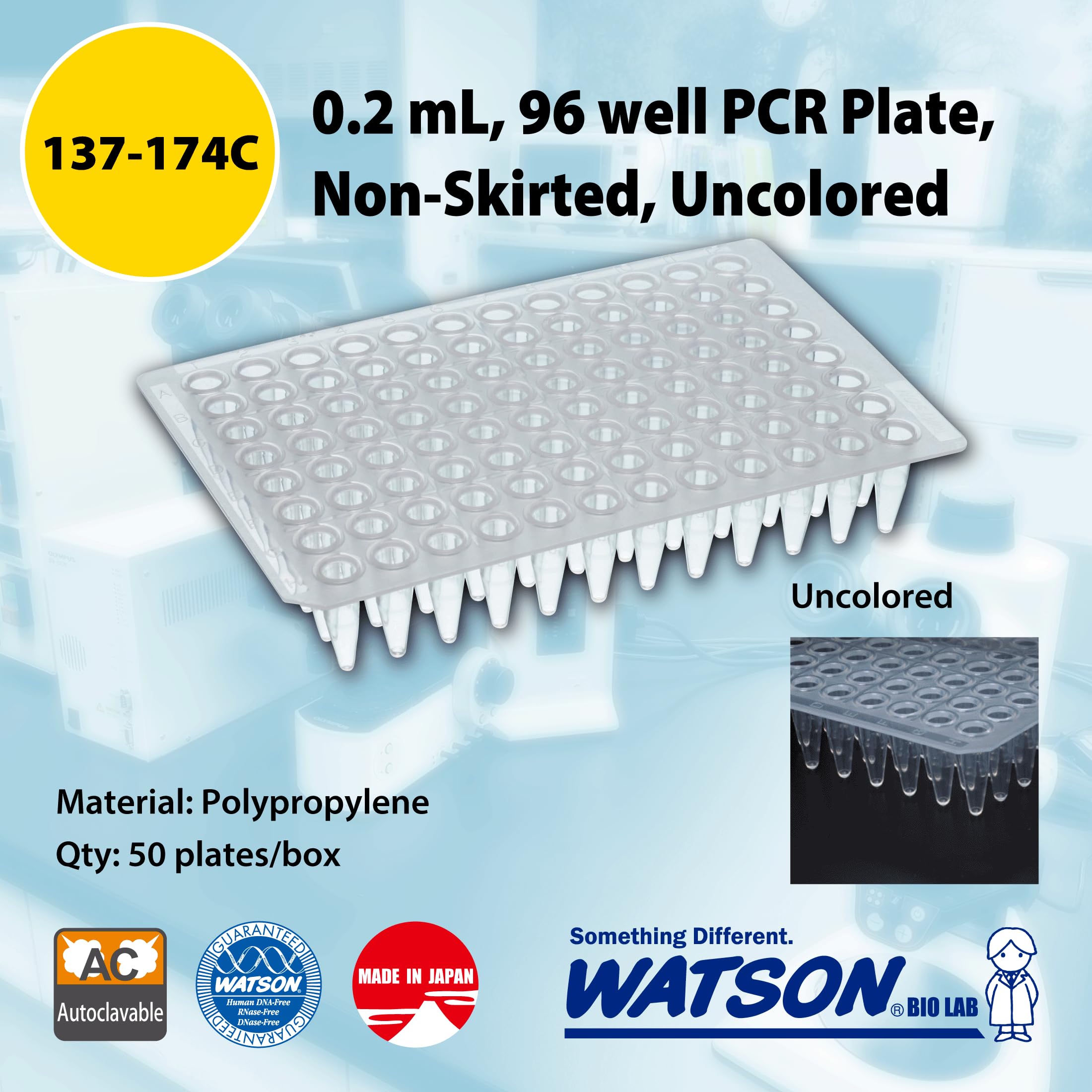 0.2 mL 96-Well PCR Plate - 137-174C Temperature Range - Natural Color - Autoclavable & Non-Skirted (Pack of 50) - Made in Japan/Kobe - Ideal for High-Throughput PCR, DNA Amplification & Molecular Biology Research