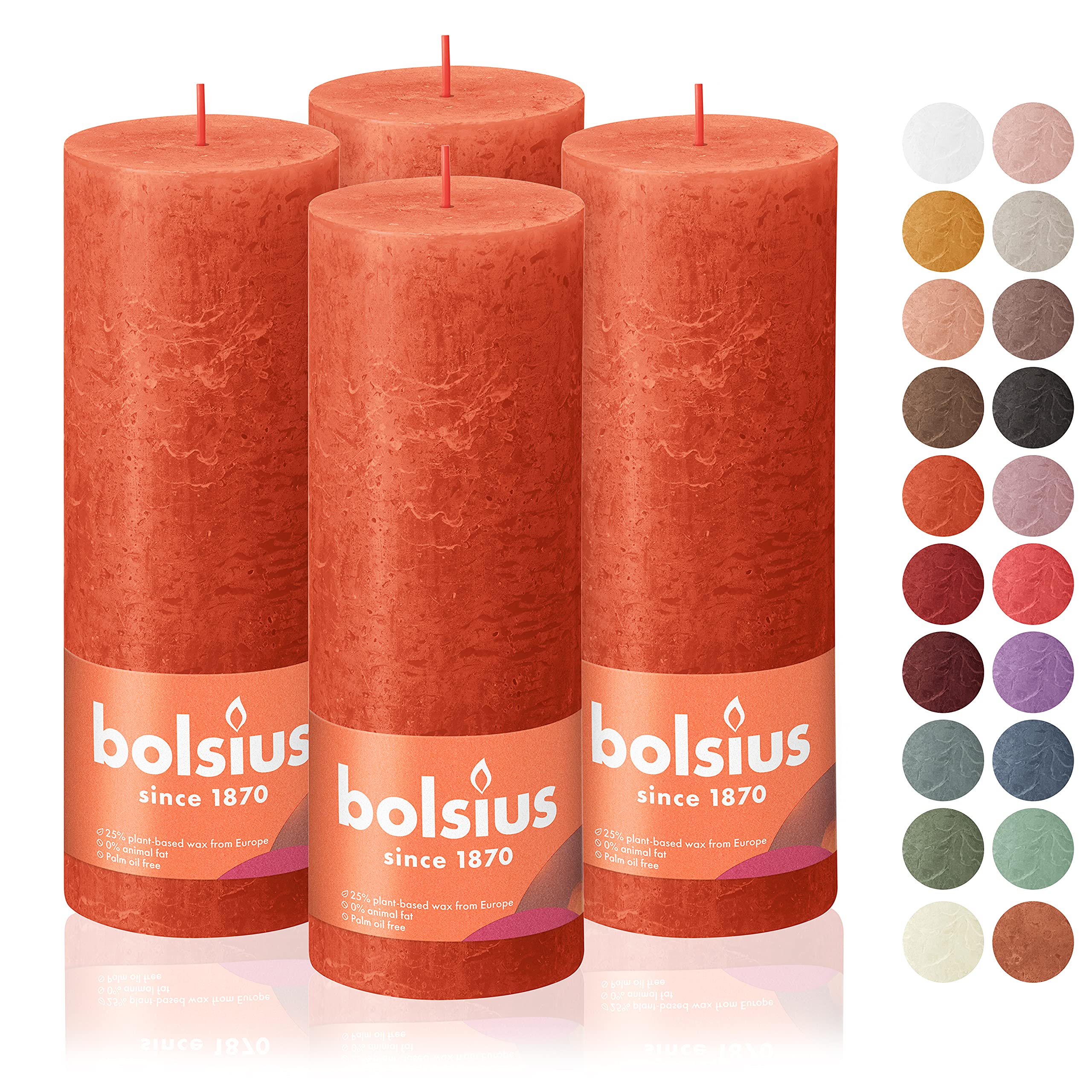 BOLSIUS 4-Pack Orange Rustic Pillar Candles - 2.75 x 7.5 Inches Long-Lasting Unscented Candles - Premium European Quality Plant-Based Wax - Dripless Smokeless 85-Hour Burn Time - Perfect for Weddings, Parties, Home Decor, and Romantic Dinners