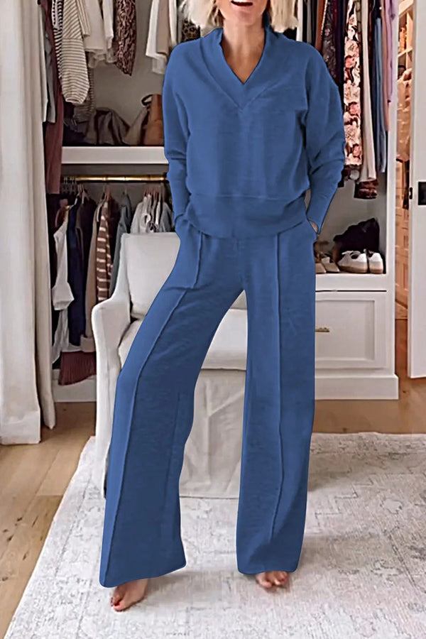 Women's Solid Color V-Neck Top & Elastic Waist Lounge Pants Set with Pockets - Cozy Winter Loungewear for Home, Yoga, and Relaxation