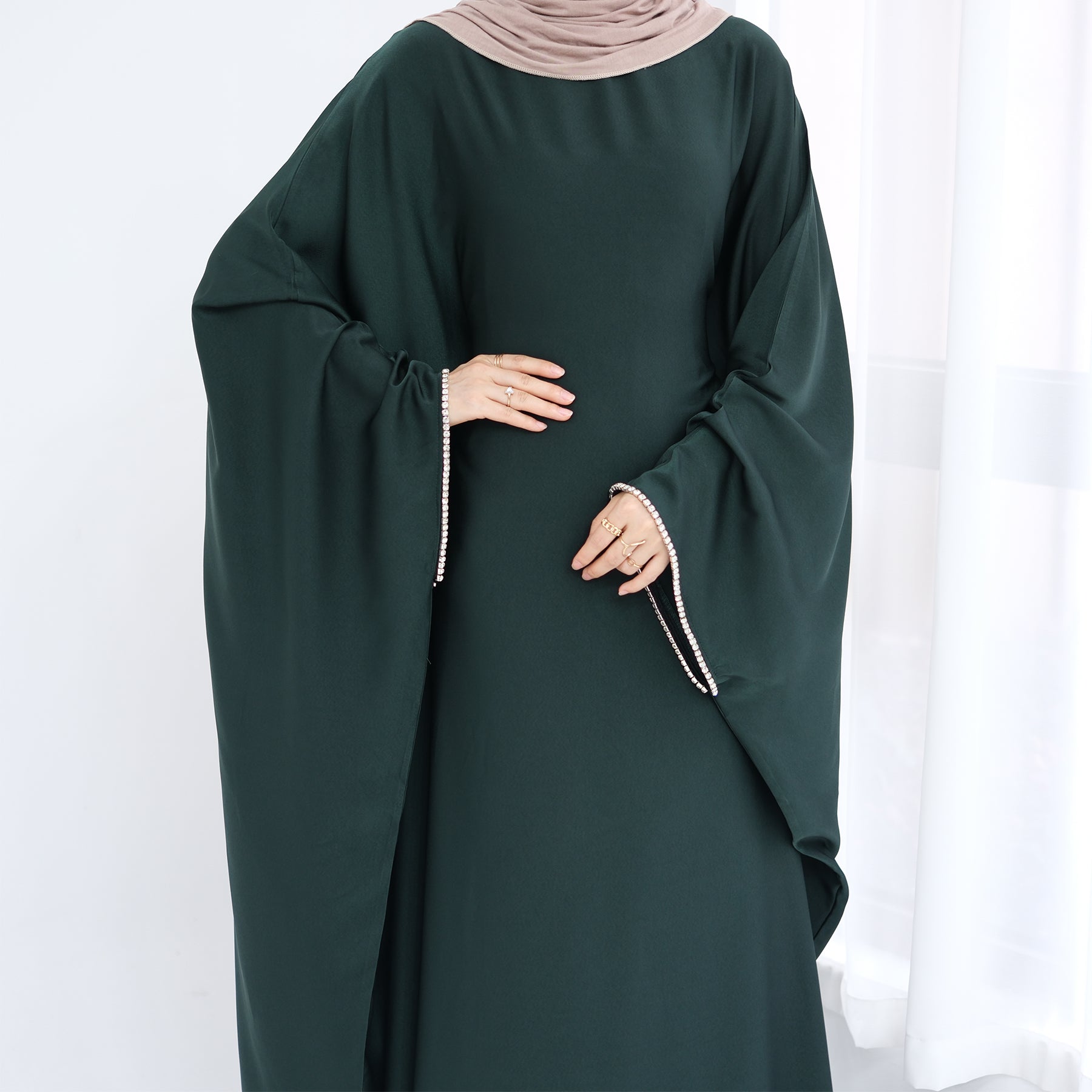 Davina Butterfly Satin Abaya Emerald Green - Elegant Muslim Prayer Dress for Women | Perfect for Eid, Ramadan & Special Occasions
