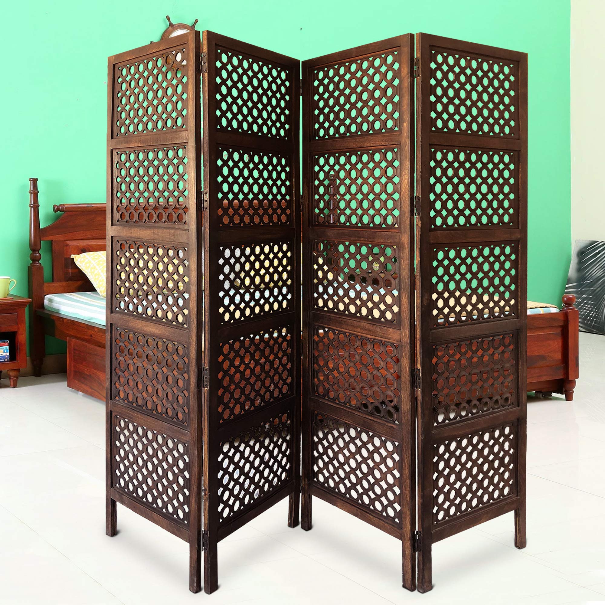 Benjara 4-Panel Mango Wood Room Divider with Circular Cutout Design - Brown Wooden Folding Screen for Living Room, Bedroom, and Office Partition
